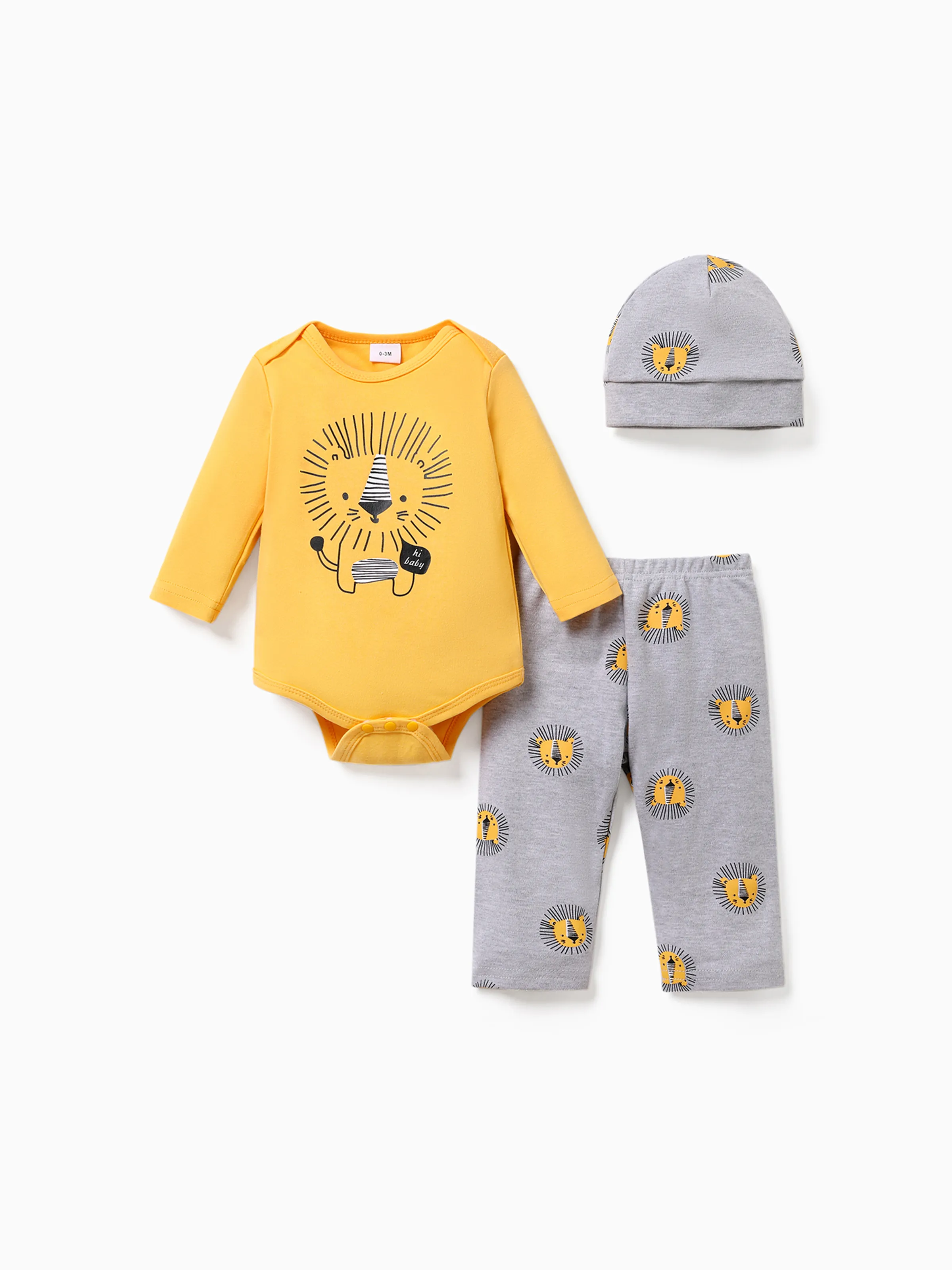 

100% Cotton 3pcs Lion Print Long-sleeve Yellow Baby Set