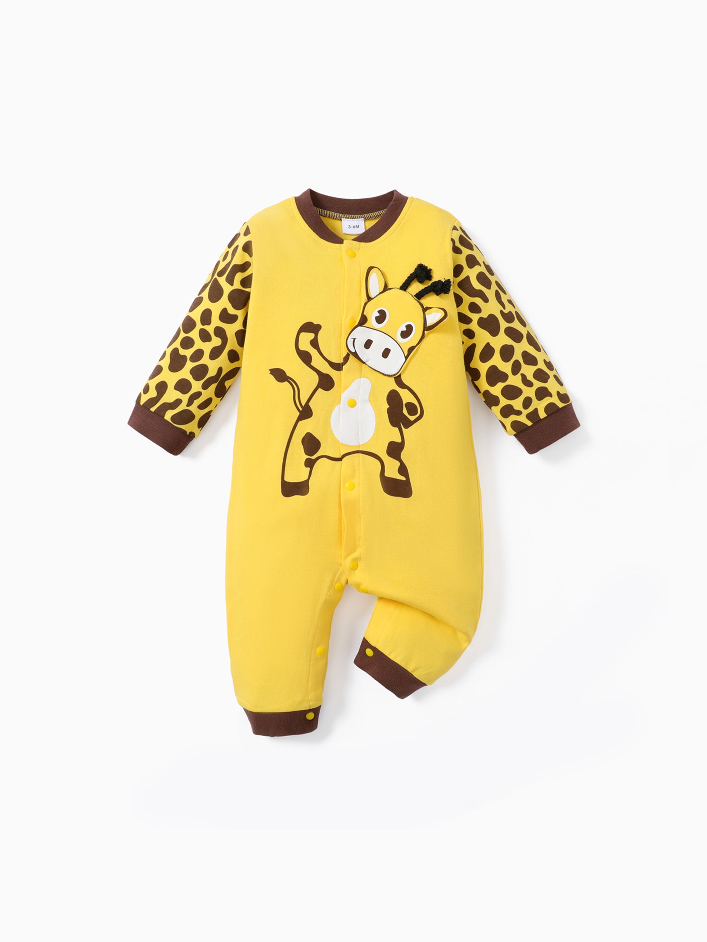 

100% Cotton Giraffe Print Long-sleeve Yellow Baby Jumpsuit