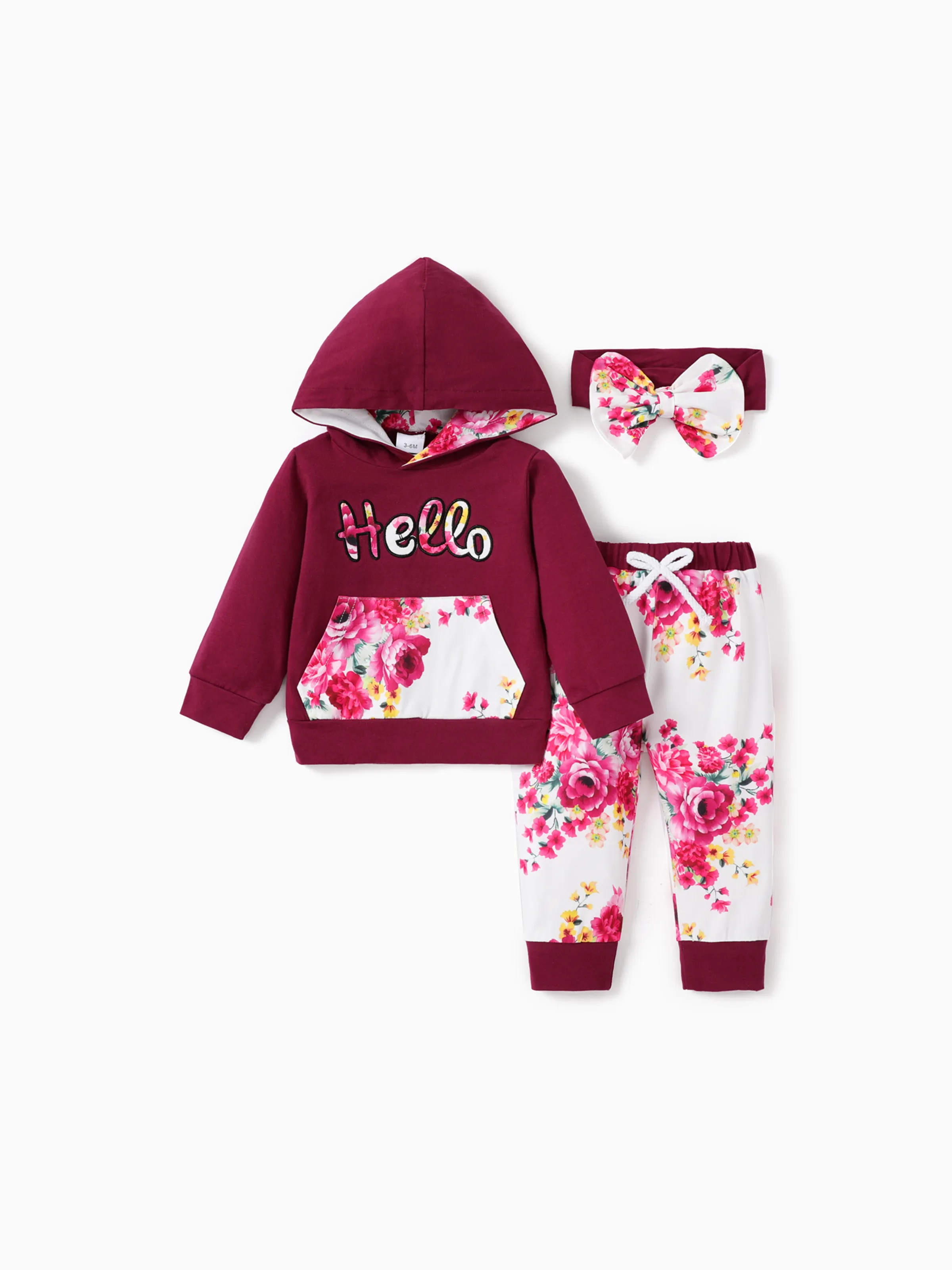 

3pcs Letter and Floral Print Hooded Long-sleeve Crimson Baby Set