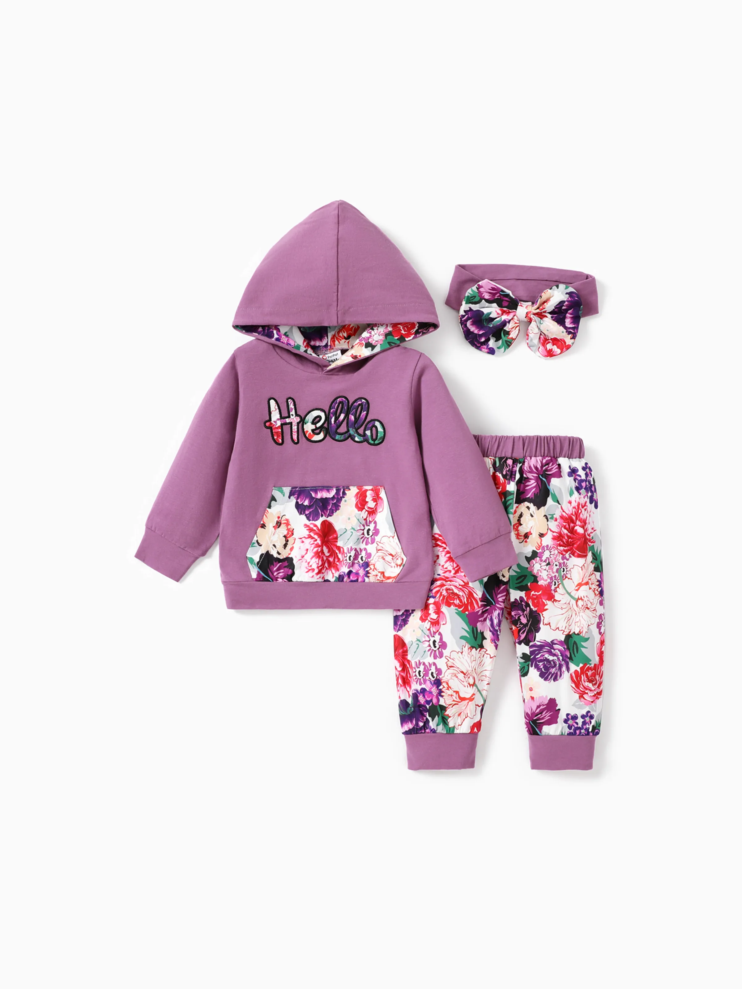 

3pcs Letter and Floral Print Hooded Long-sleeve Crimson Baby Set