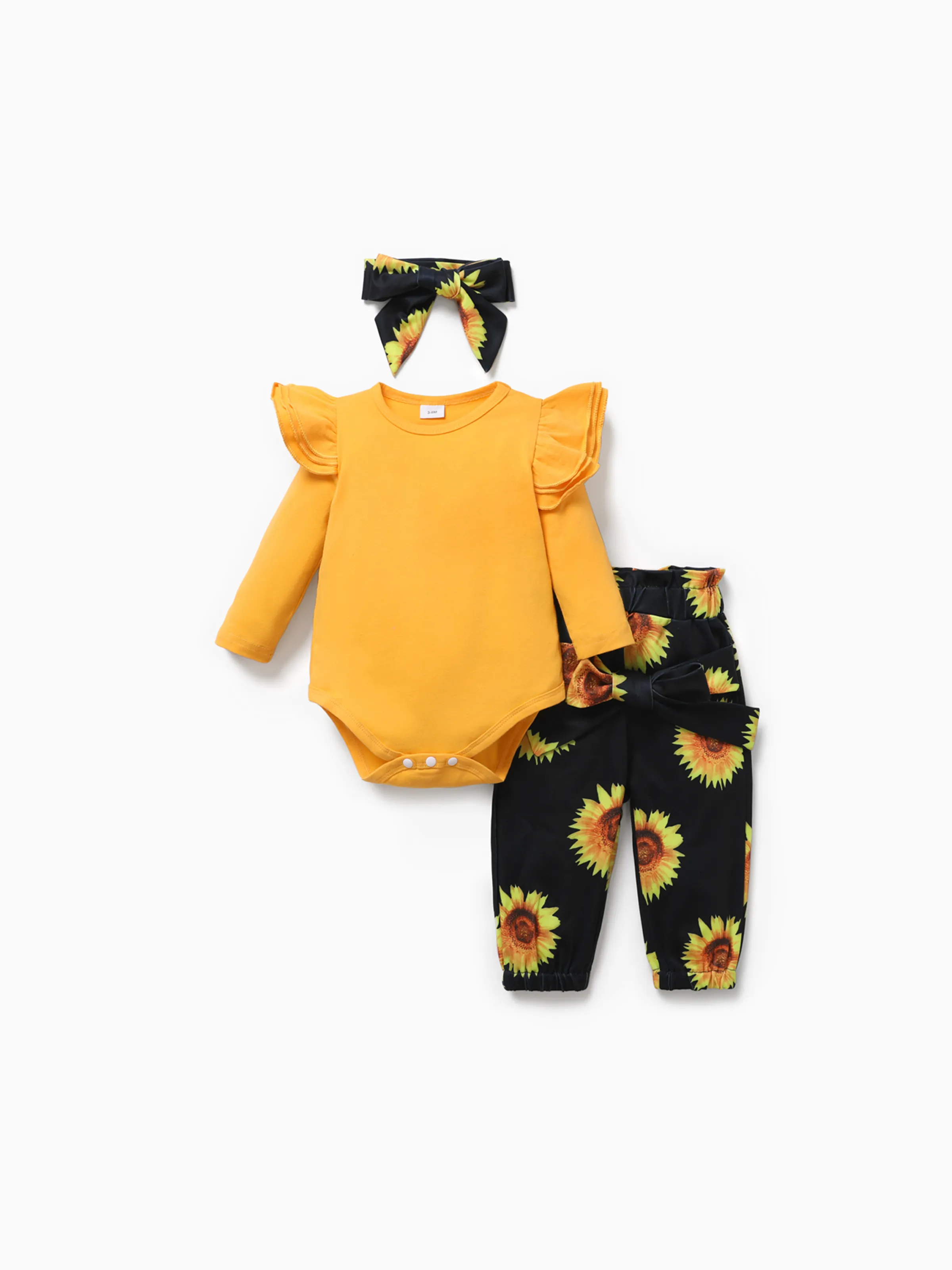 

3pcs Baby Girl 95% Cotton Ruffle Long-sleeve Romper and Sunflower Floral Print Pants with Headband Set