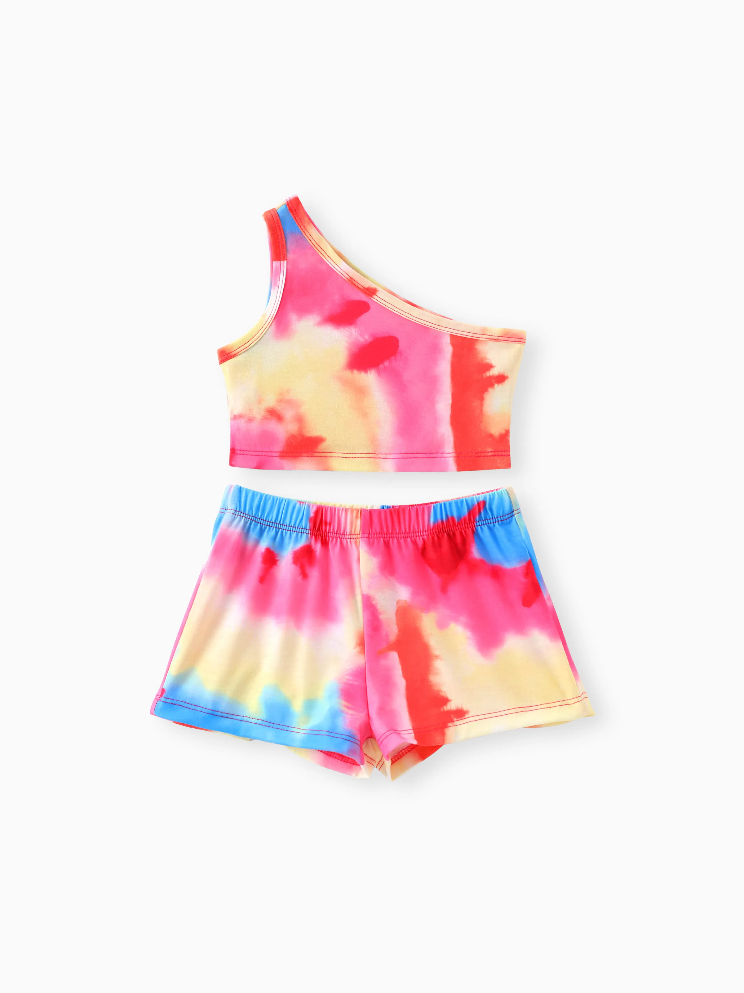 2pcs Toddler Girl Tie Dye One-Shoulder Top and Shorts Set