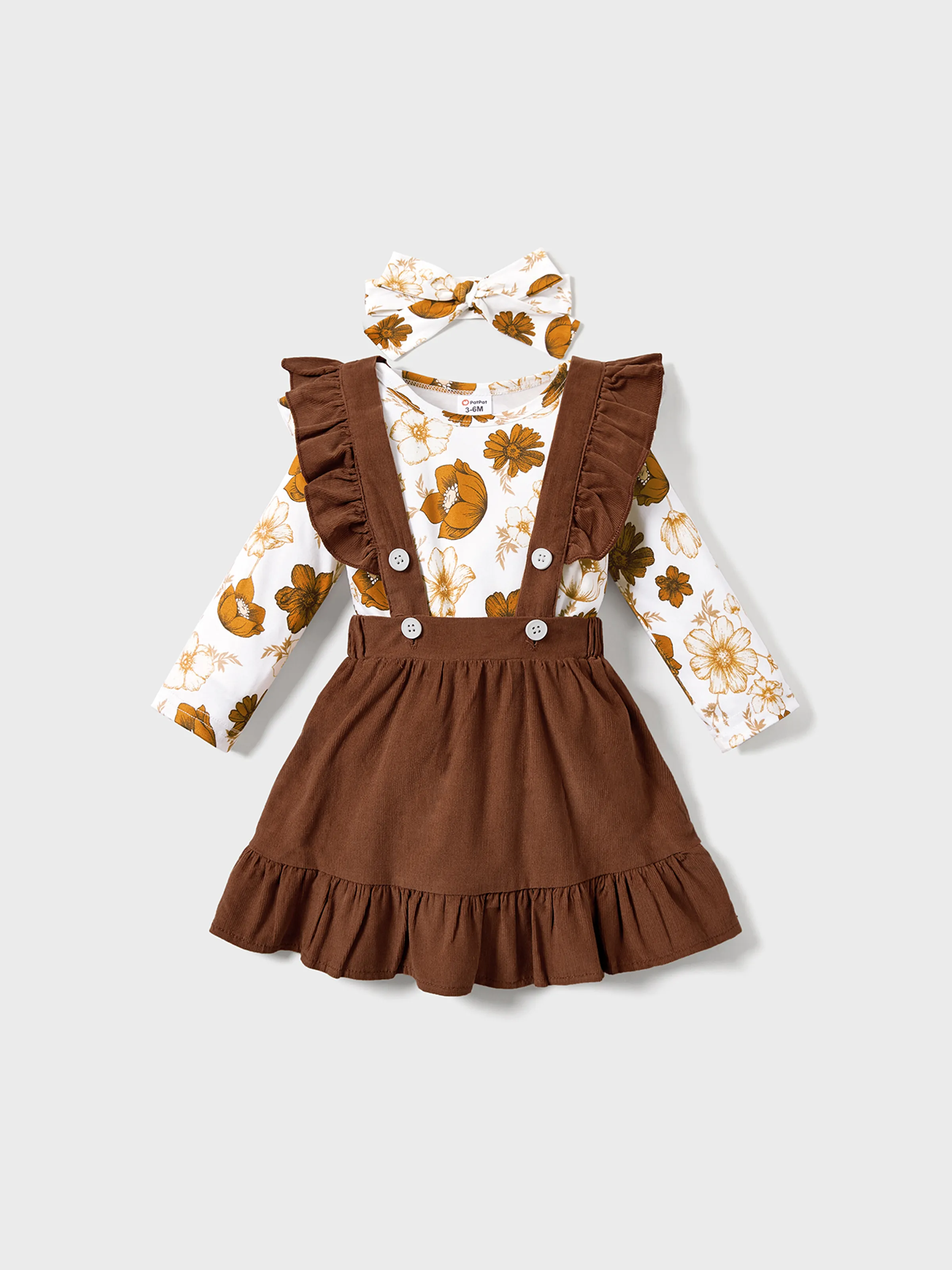 

3pcs Floral Print Ruffle Decor Long-sleeve Baby Set