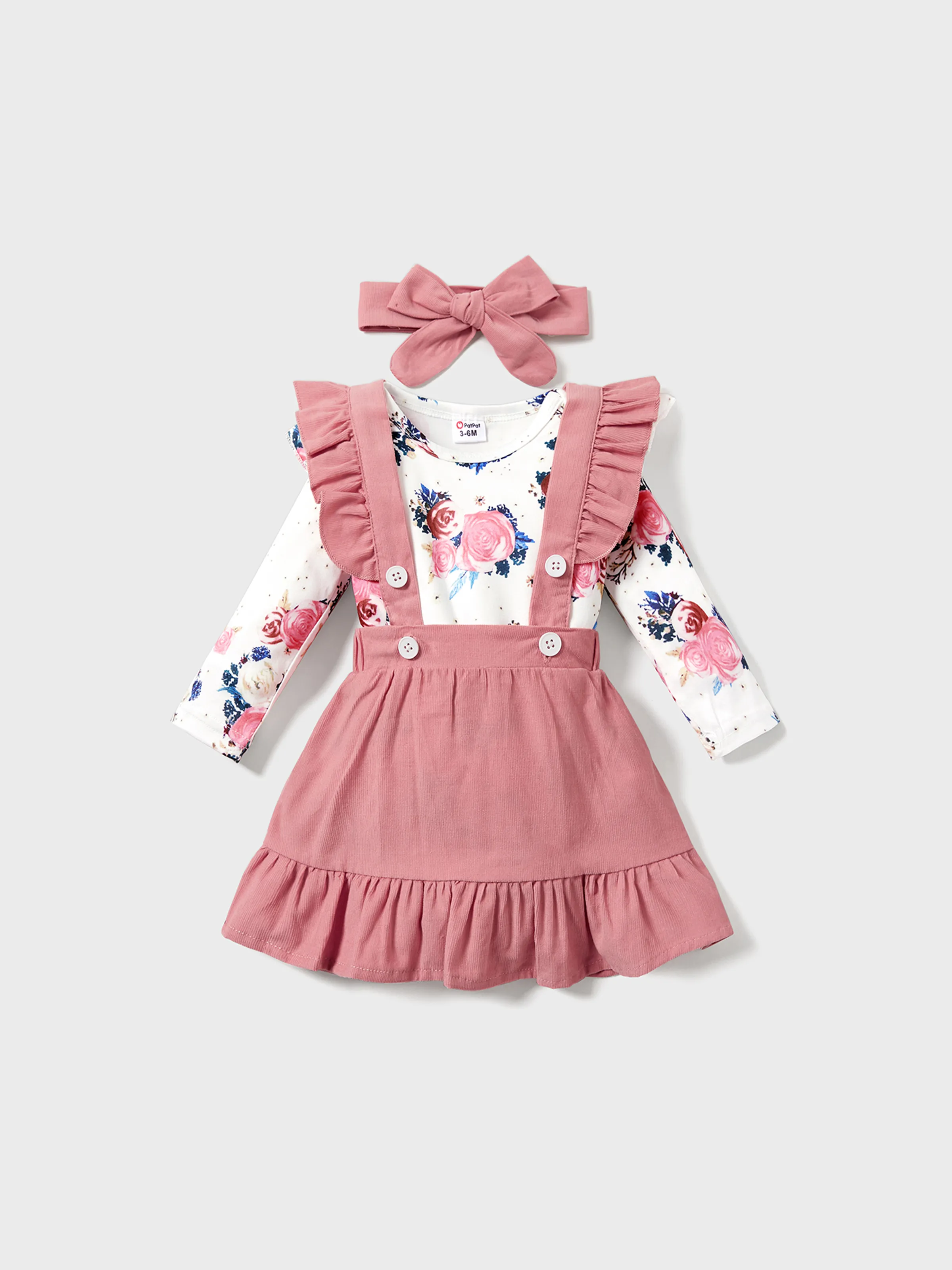 

3pcs Floral Print Ruffle Decor Long-sleeve Baby Set