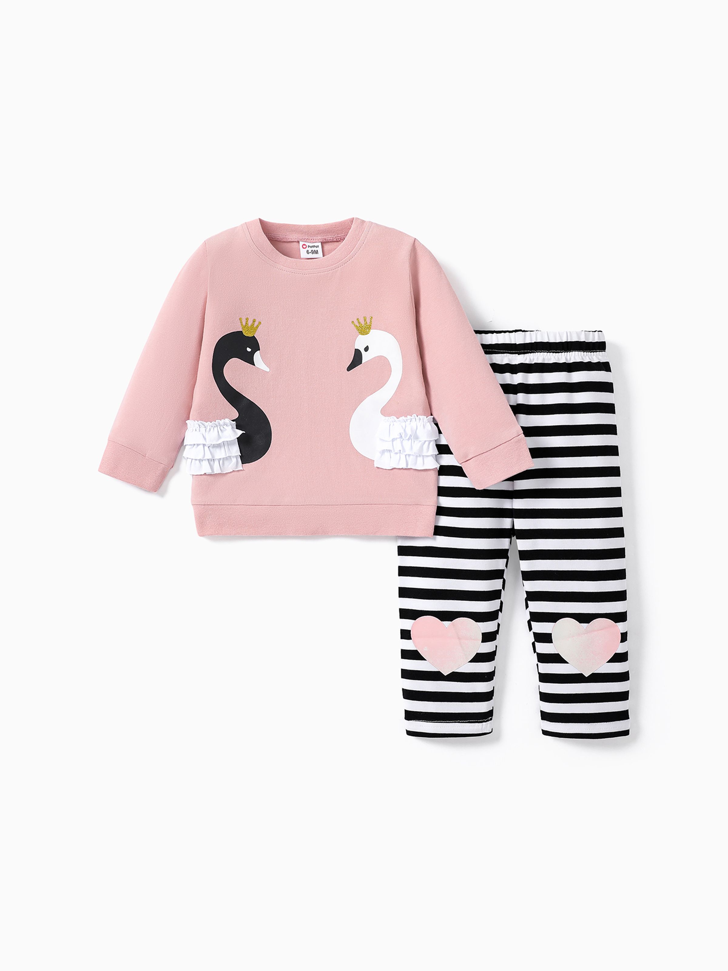 

2pcs Baby Girl Swan and Stripe Print Long-sleeve Set