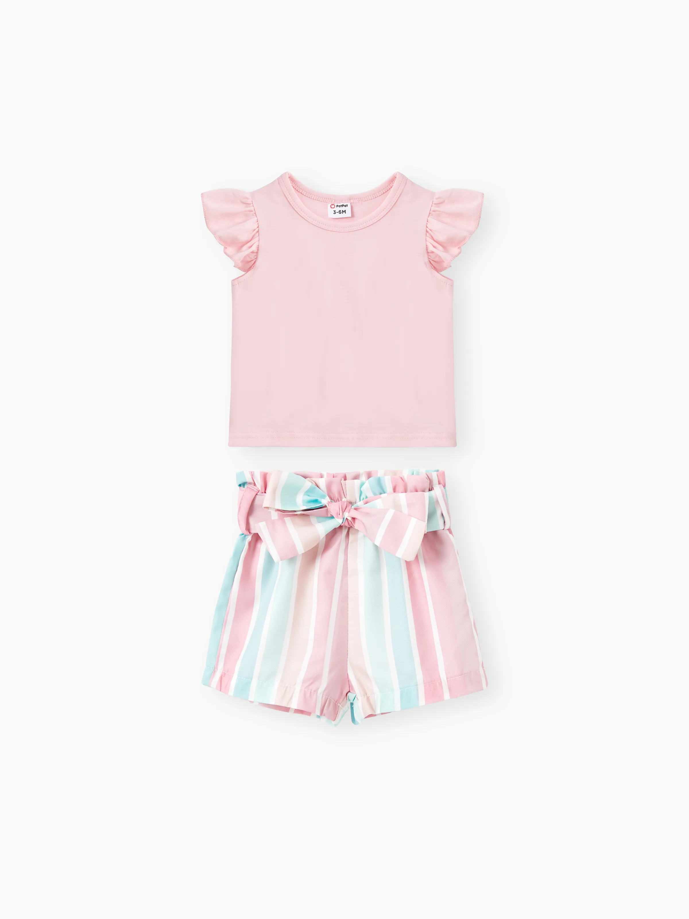 

2pcs Baby Girl Solid 95% Cotton Flutter-sleeve Tee and Striped Belted Shorts Set