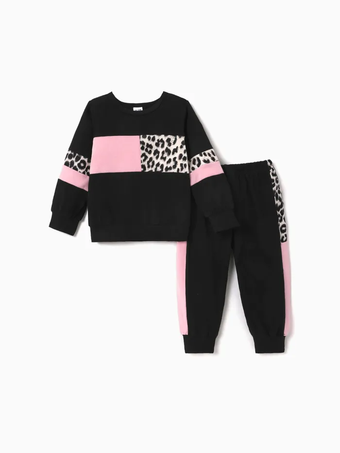 2-piece Baby / Toddler Girl Splice Colorblock Leopard Print Long-sleeve Pullover and Pants Set