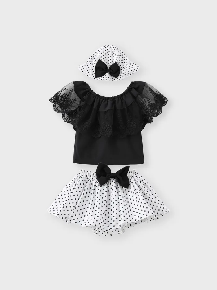 3pcs Baby Girl Lace Top and Allover Polka Dots Bow Decor Skirt and Hat Set