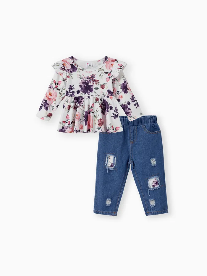 2pcs Baby Girl Allover Floral Print Ruffle Long-sleeve Top and 95% Cotton Ripped Jeans Set