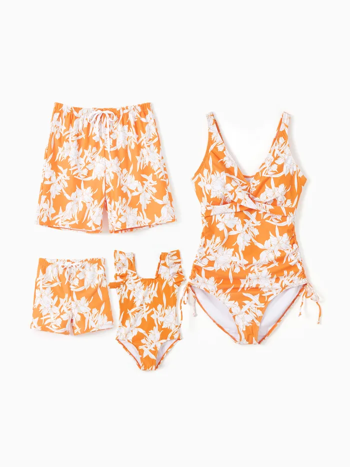 Family Matching Orange Floral Drawstring Swim Trunks or Cross Front Drawstring Sides One-Piece Swimsuit