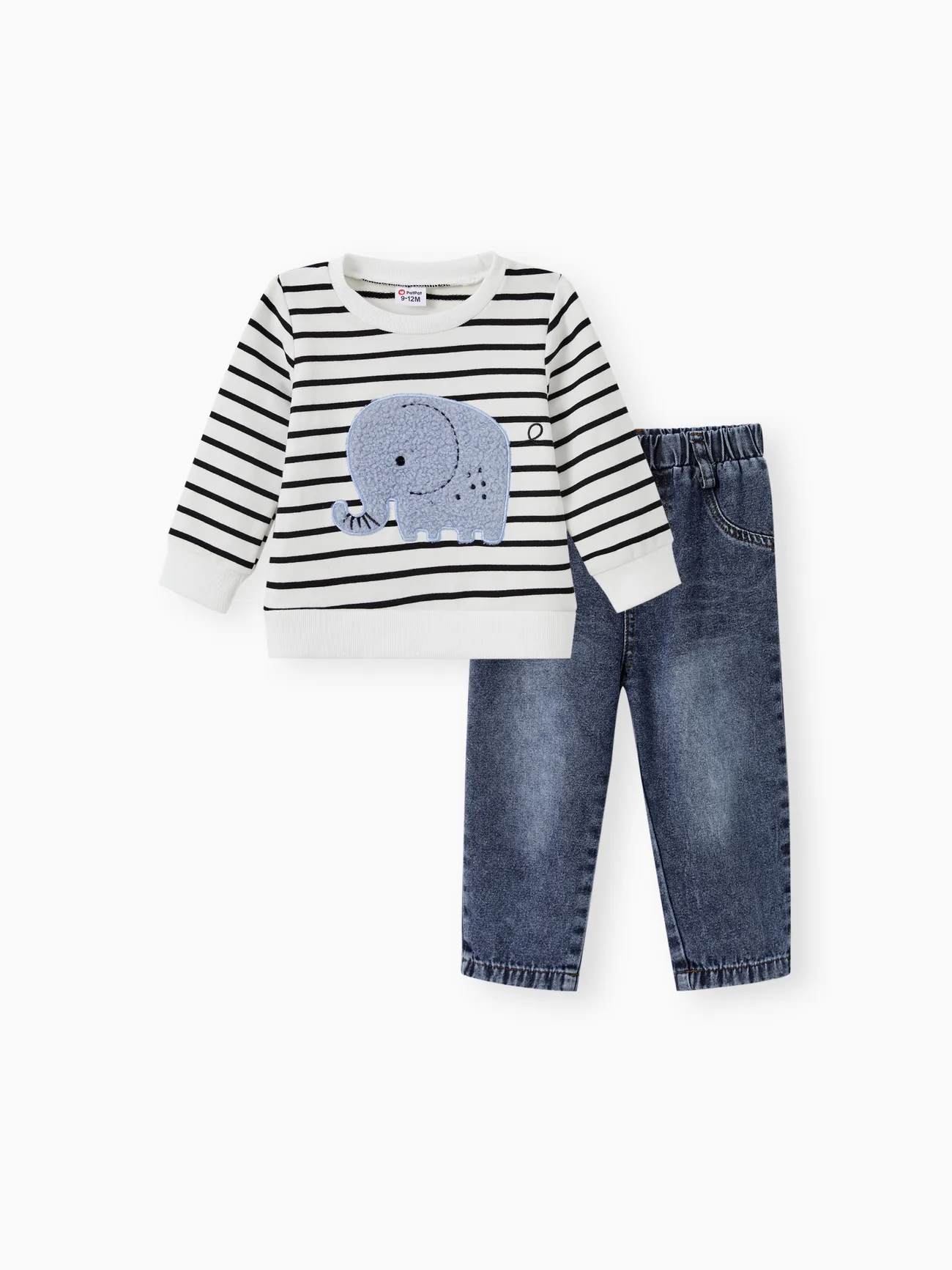 

2pcs Baby Boy 95% Cotton Long-sleeve Elephant Embroidered Striped Sweatshirt & Denim Jeans Set