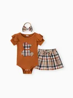 

Baby Girl 3pcs Bear Style Embroidered Ruffled Romper and Plaid Skirt with Headband Set