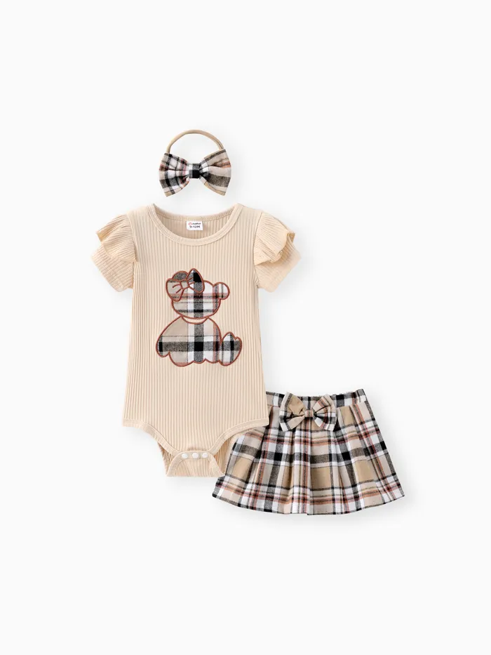3pcs Baby Girl Cotton Ribbed Ruffle Short-sleeve Bear Embroidered Romper and Plaid Skirt & Headband Set