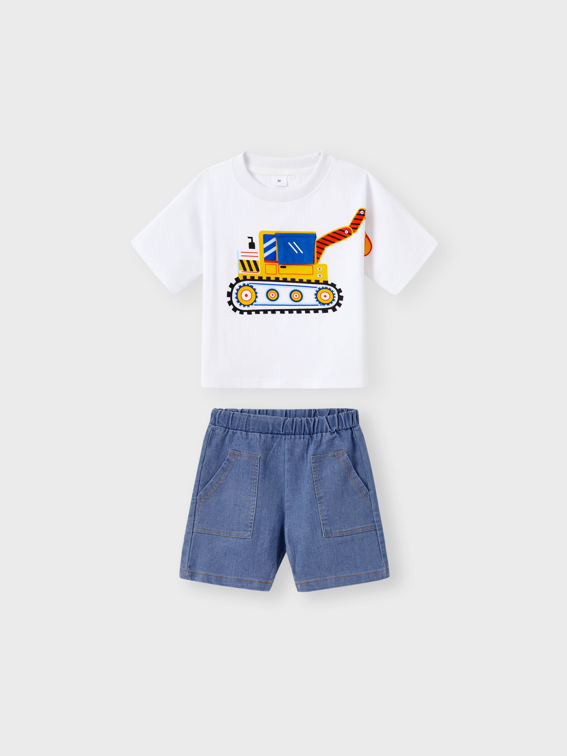 

2pcs Toddler Boy Playful Denim Pocket Design Shorts and Vehicle Print Tee set