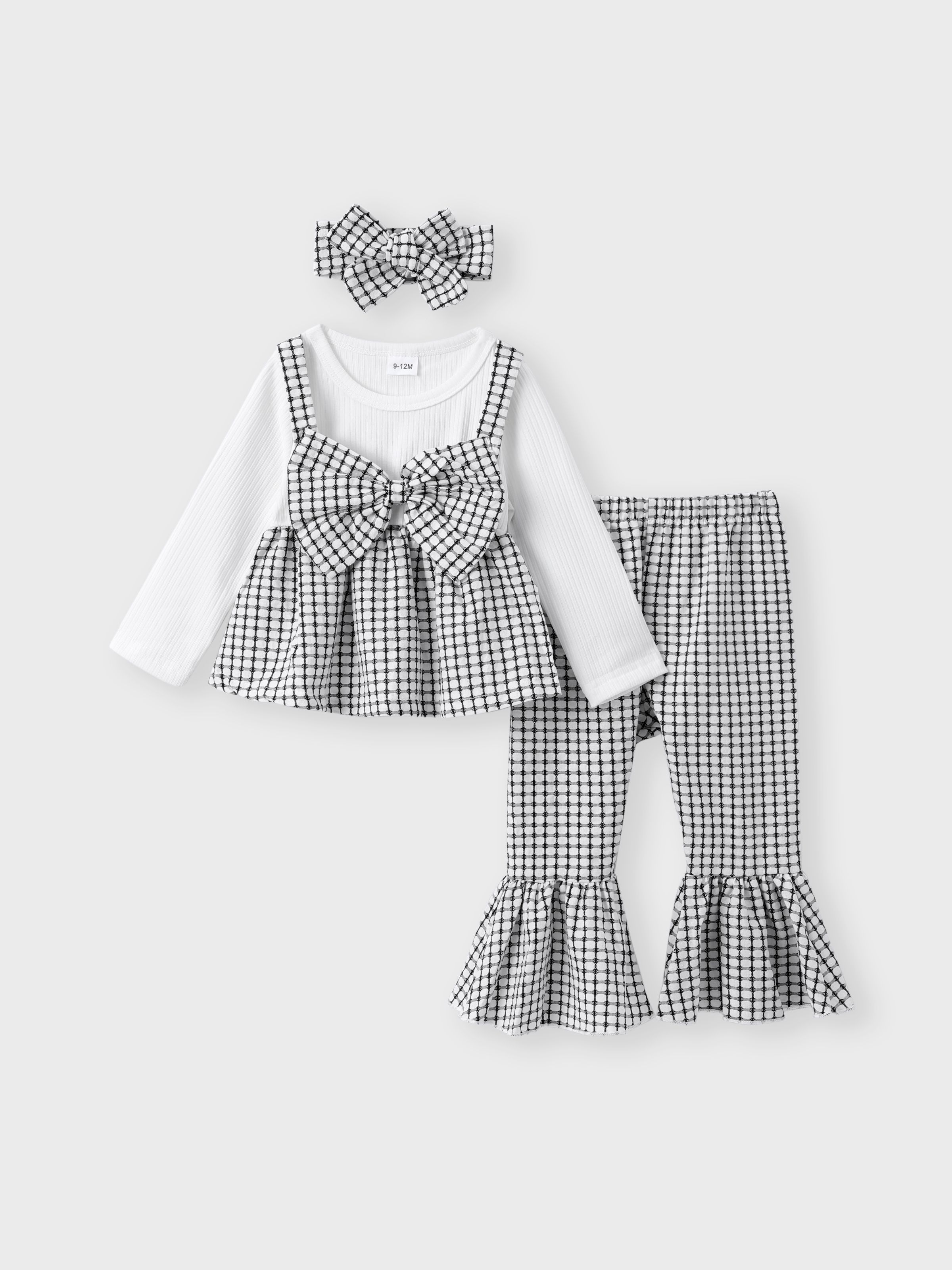 

3pcs Baby Girl Black Plaid Bowknot Long-sleeve Top and Flared Pants Set