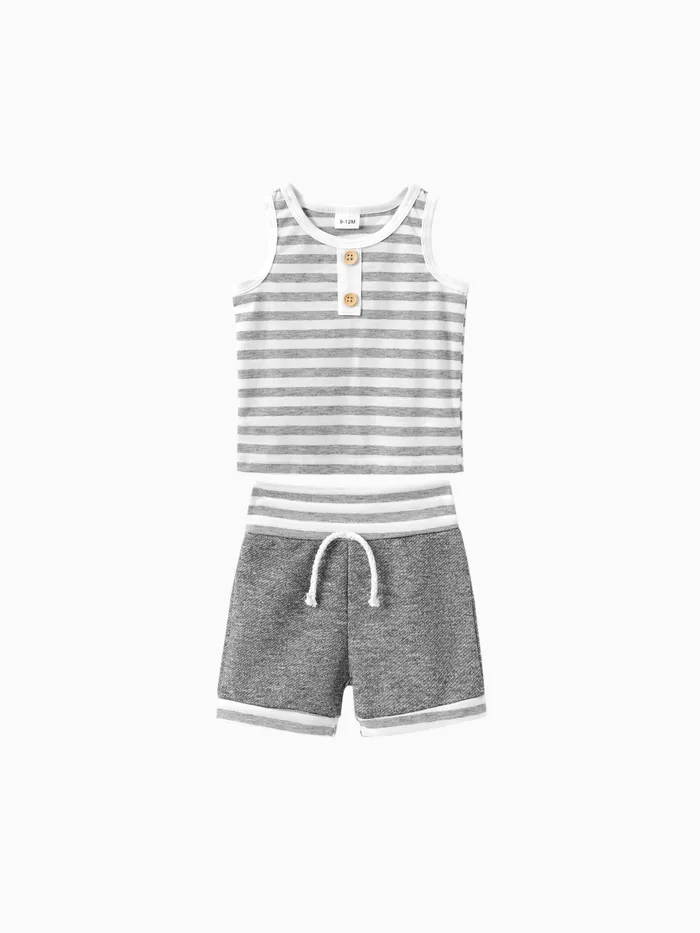 100% Cotton 2pcs Baby Boy/Girl Striped Sleeveless Tank Top and Shorts Set