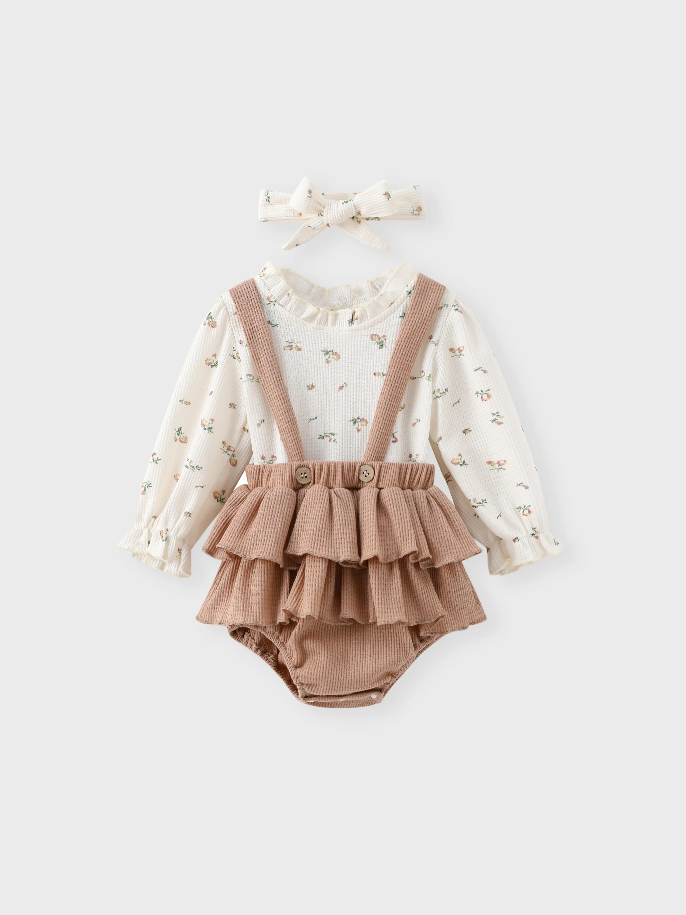 

3pcs Baby Floral Print Long-sleeve Top and Ruffle Suspender Skirted Shorts Set