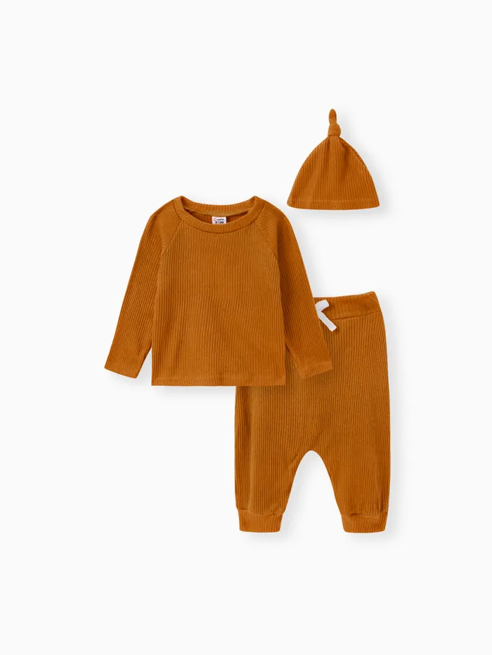 Baby Boy/Girl 3pcs Solid Ribbed Long-sleeve Pullover and Trouser Set