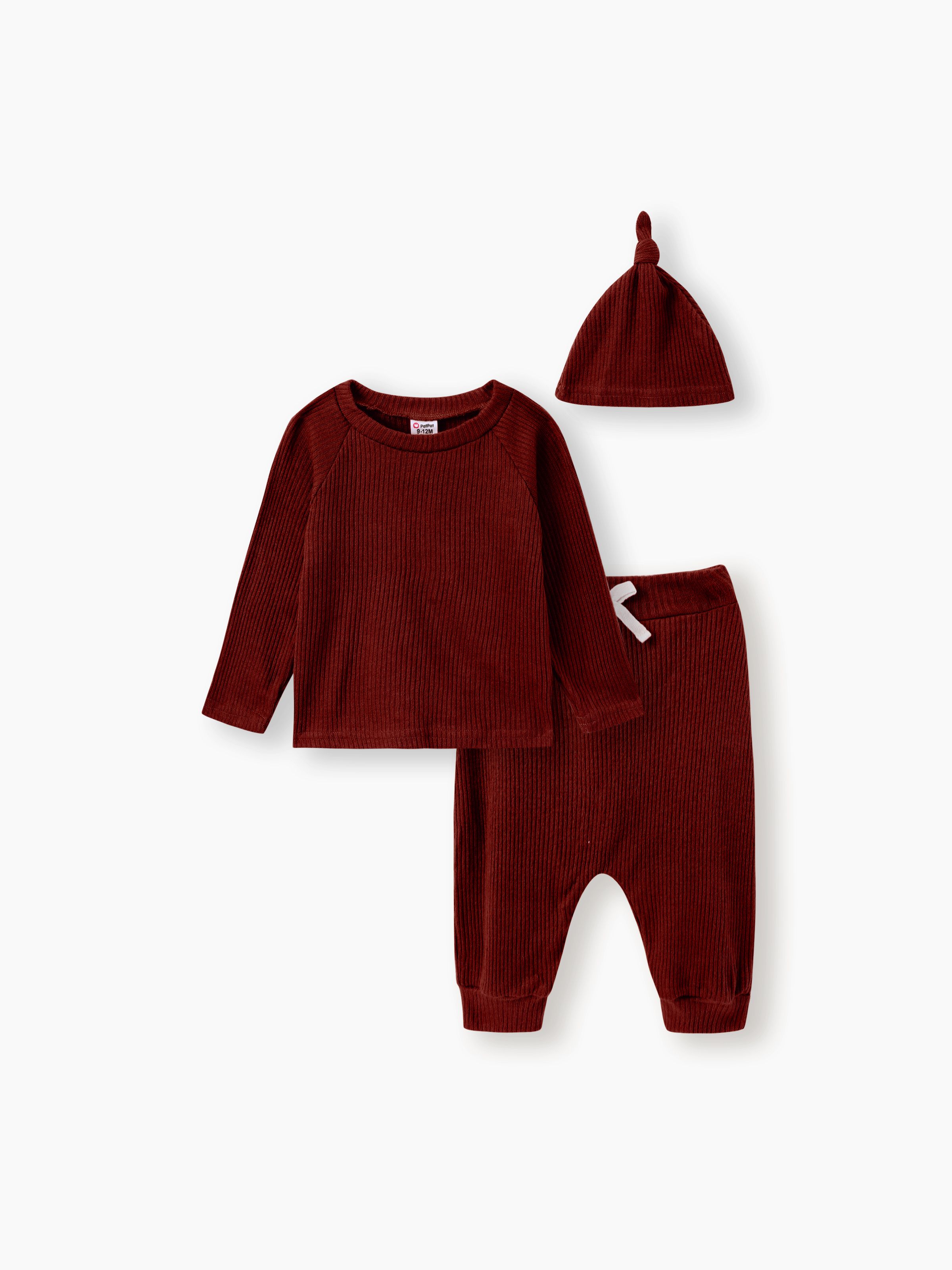 

Baby Boy/Girl 3pcs Solid Ribbed Long-sleeve Pullover and Trouser Set