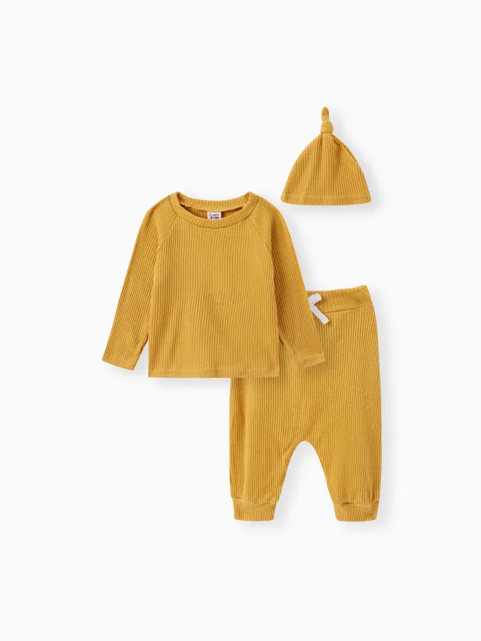 Baby Boy/Girl 3pcs Solid Ribbed Long-sleeve Pullover and Trouser Set
