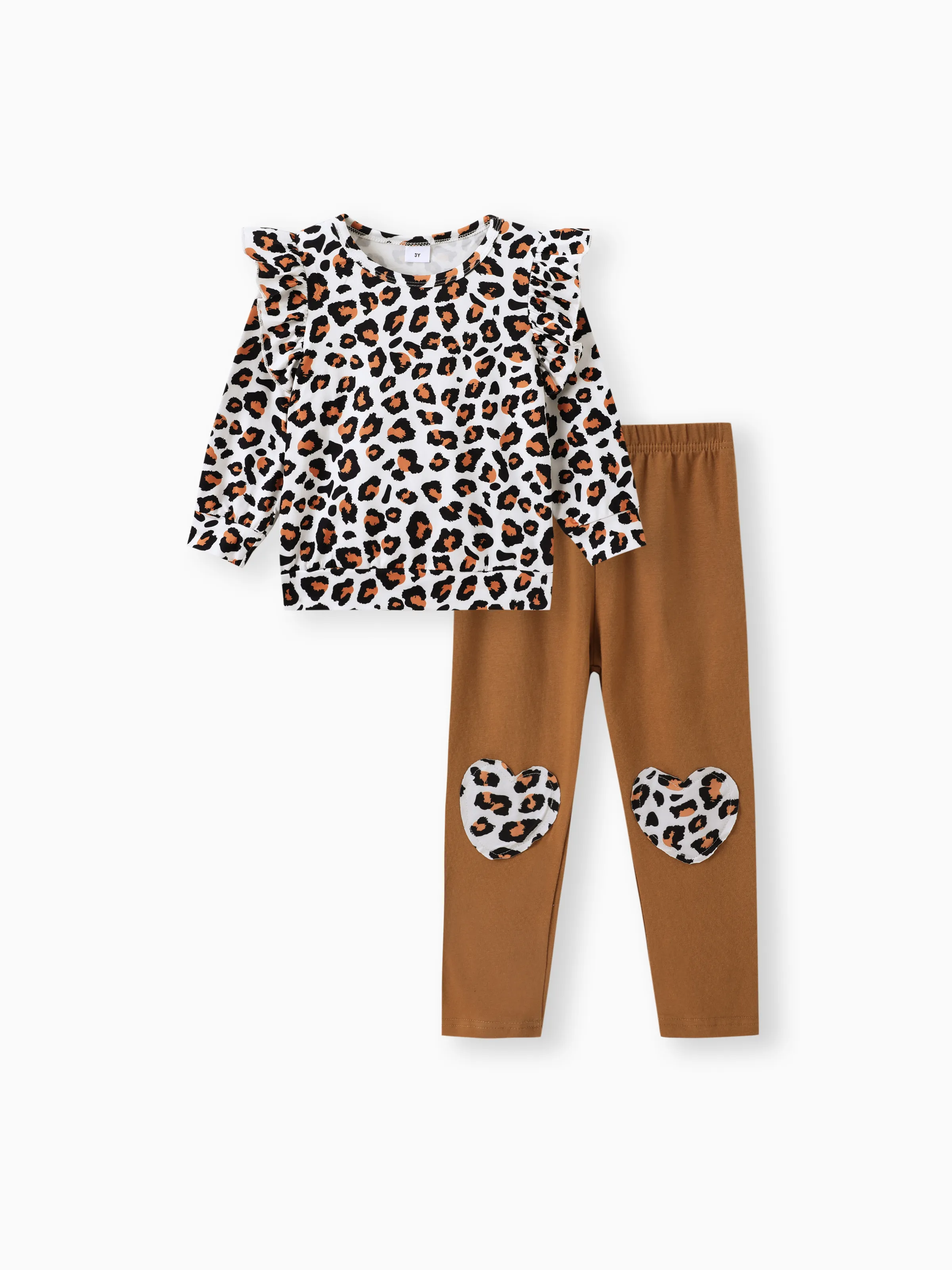 

2-piece Toddler Girl Leopard Print Flutter Long-sleeve Top and Heart Pattern Pants Set