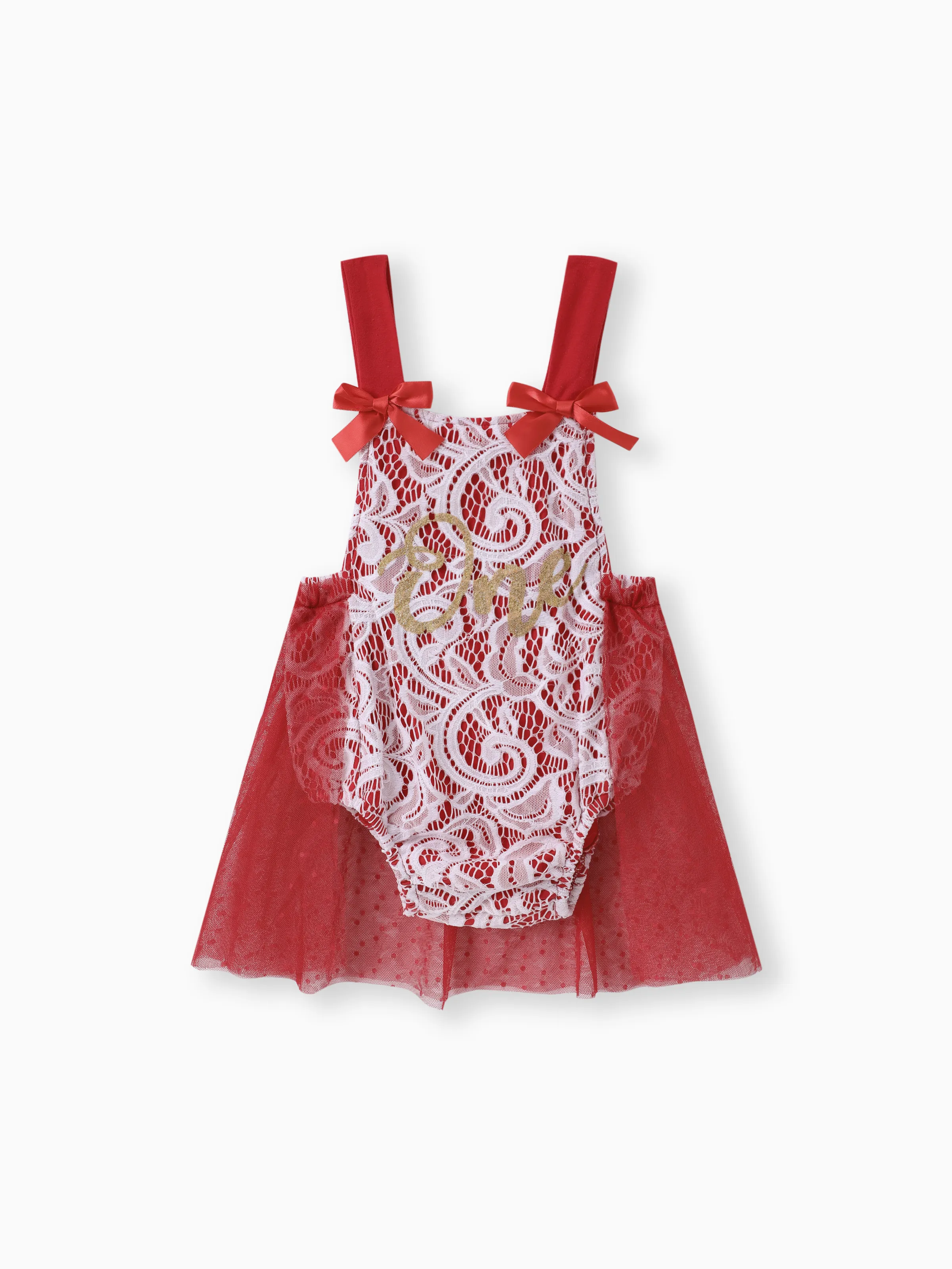 

Baby Pink Floral Lace and Mesh Splicing Sleeveless Letter Romper Party Dress