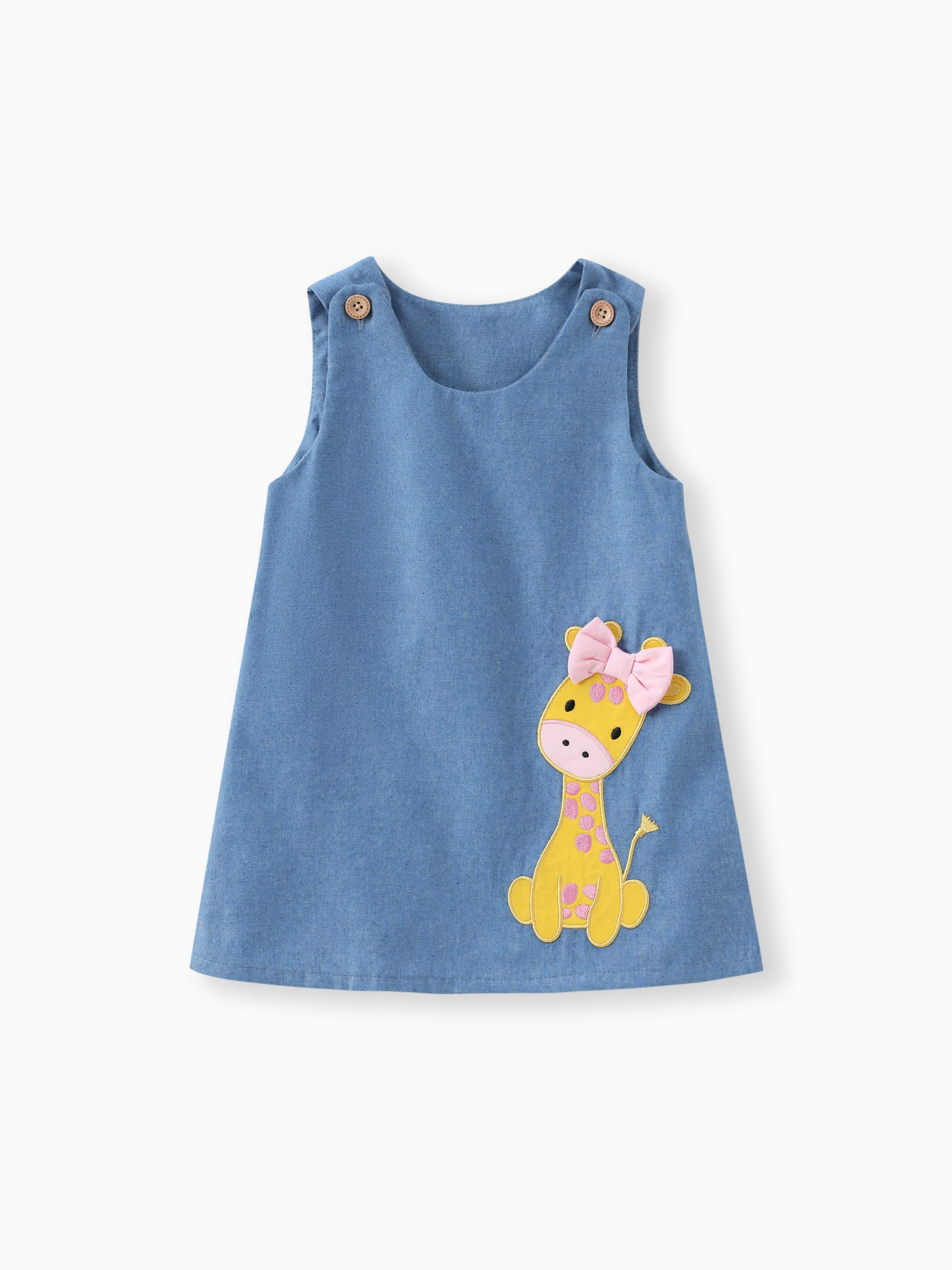 

Baby Girl Giraffe Bowknot Solid Blue Denim Tank Dress