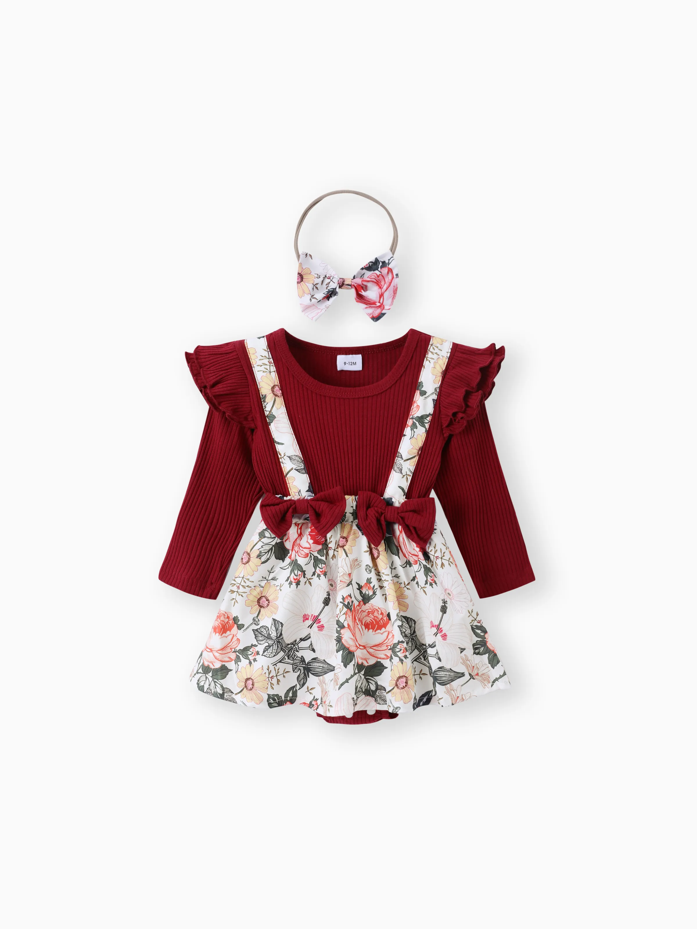 

2pcs Baby Girl 95% Cotton Ribbed Long-sleeve Faux-two Floral Print Romper with Headband Set