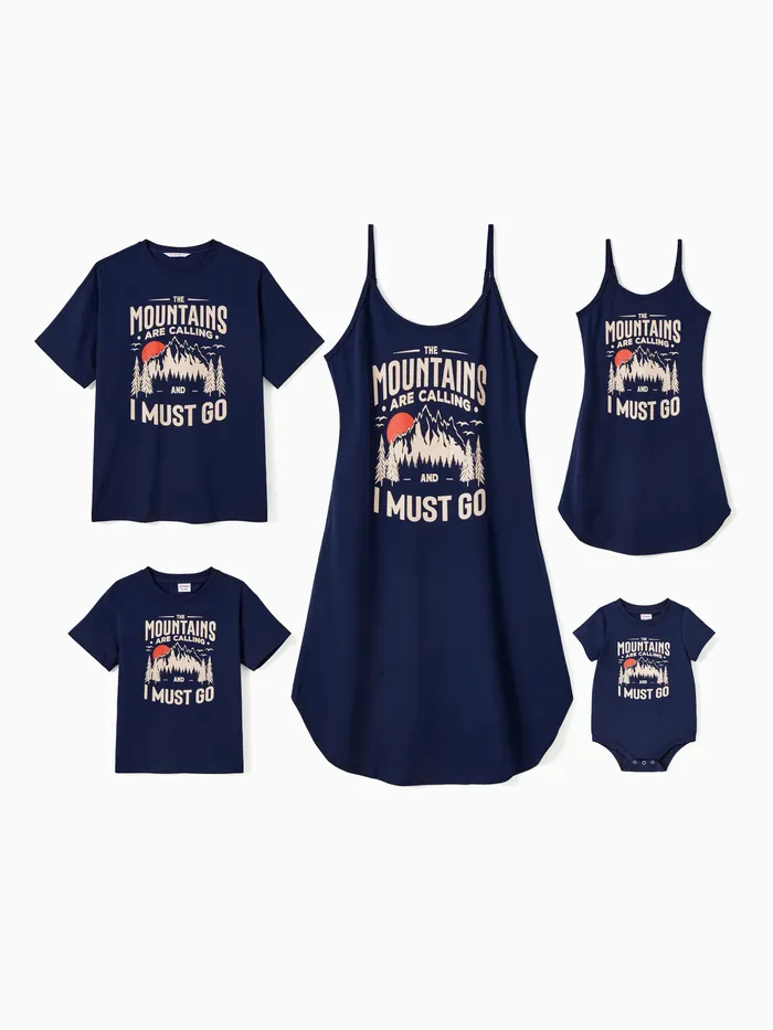 Quick-Dry Family Matching Mountain Graphic Slogan Print Oversize Tee or Flowy Strap Dress with Pockets 