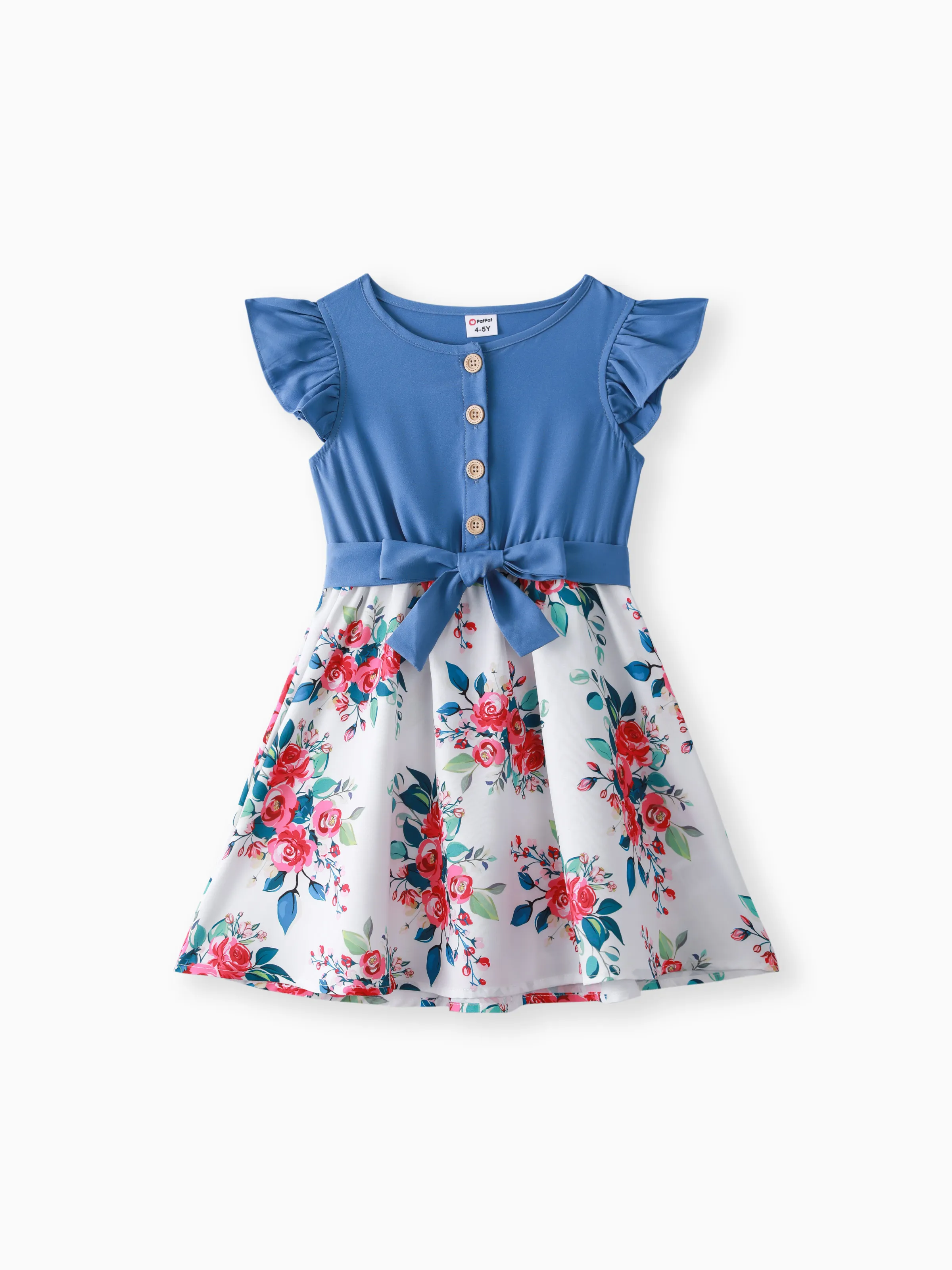 

Kid Girl Ruffled Floral Print Splice Belted Flutter-sleeve Dress