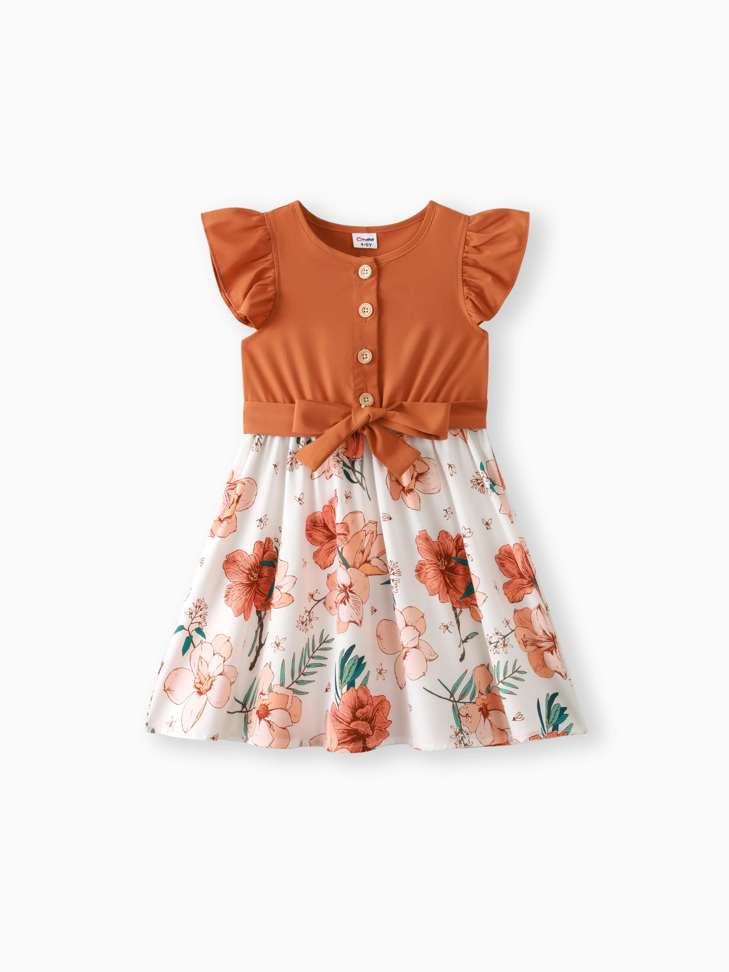 

Kid Girl Ruffled Floral Print Splice Belted Flutter-sleeve Dress