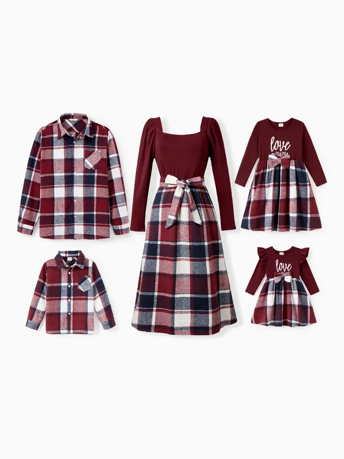 Family Matching Casual Long Sleeve Plaid Design Shirts and Knit Splicing Belted Dresses Sets