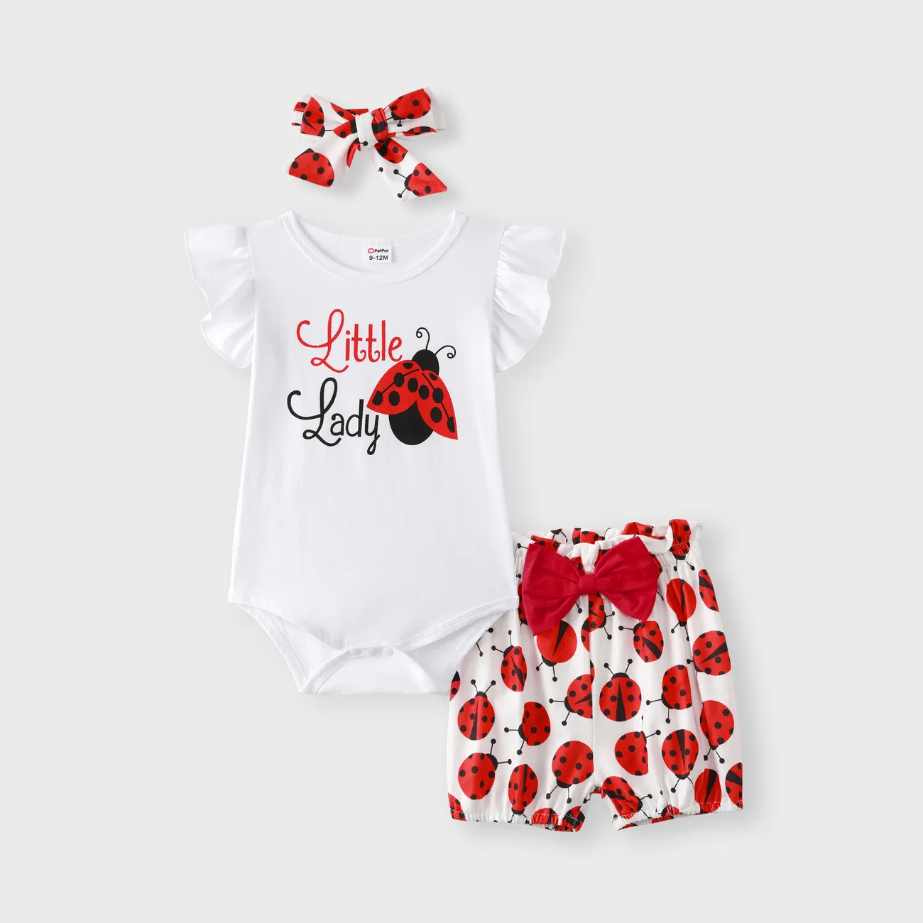 3pcs Baby Girl 95% Cotton Ruffle Sleeve Letter Print Romper and Ladybugs Print Shorts with Headband Set