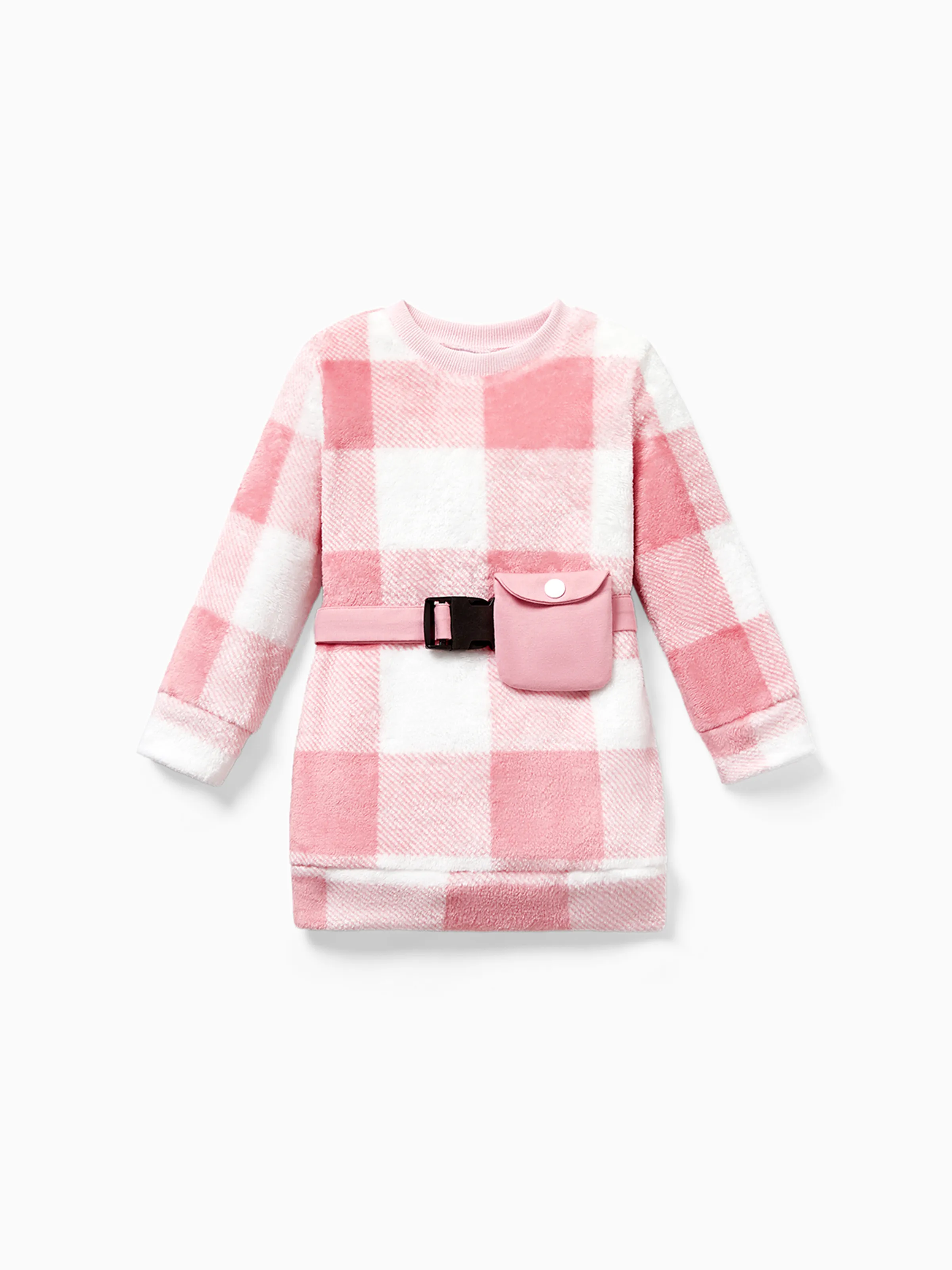 

2PCS Toddler Girl Sweet Waist Bag Grid/Houndstooth Pattern Long Sleeve Dress Set