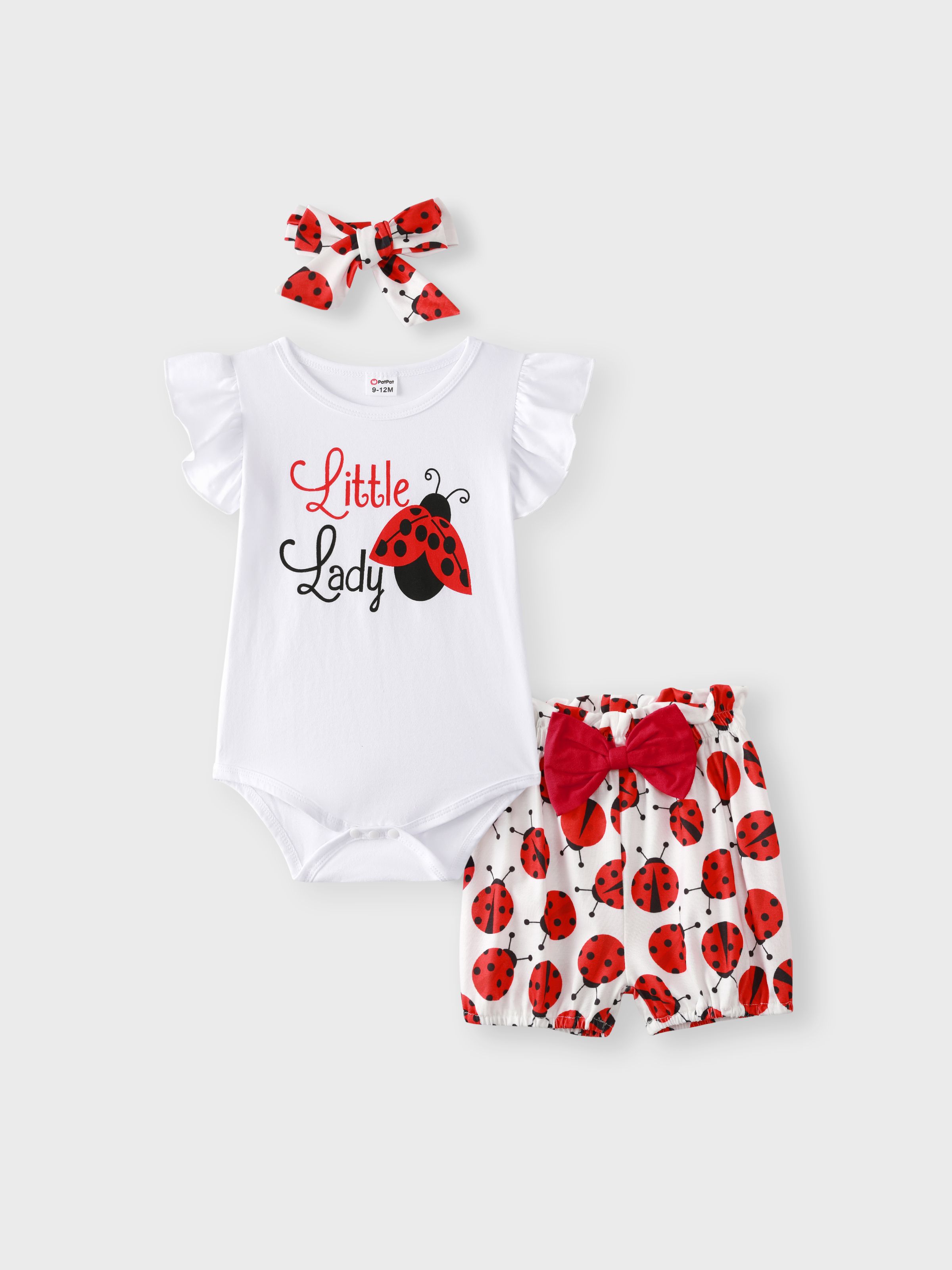 

3pcs Baby Girl 95% Cotton Ruffle Sleeve Letter Print Romper and Ladybugs Print Shorts with Headband Set