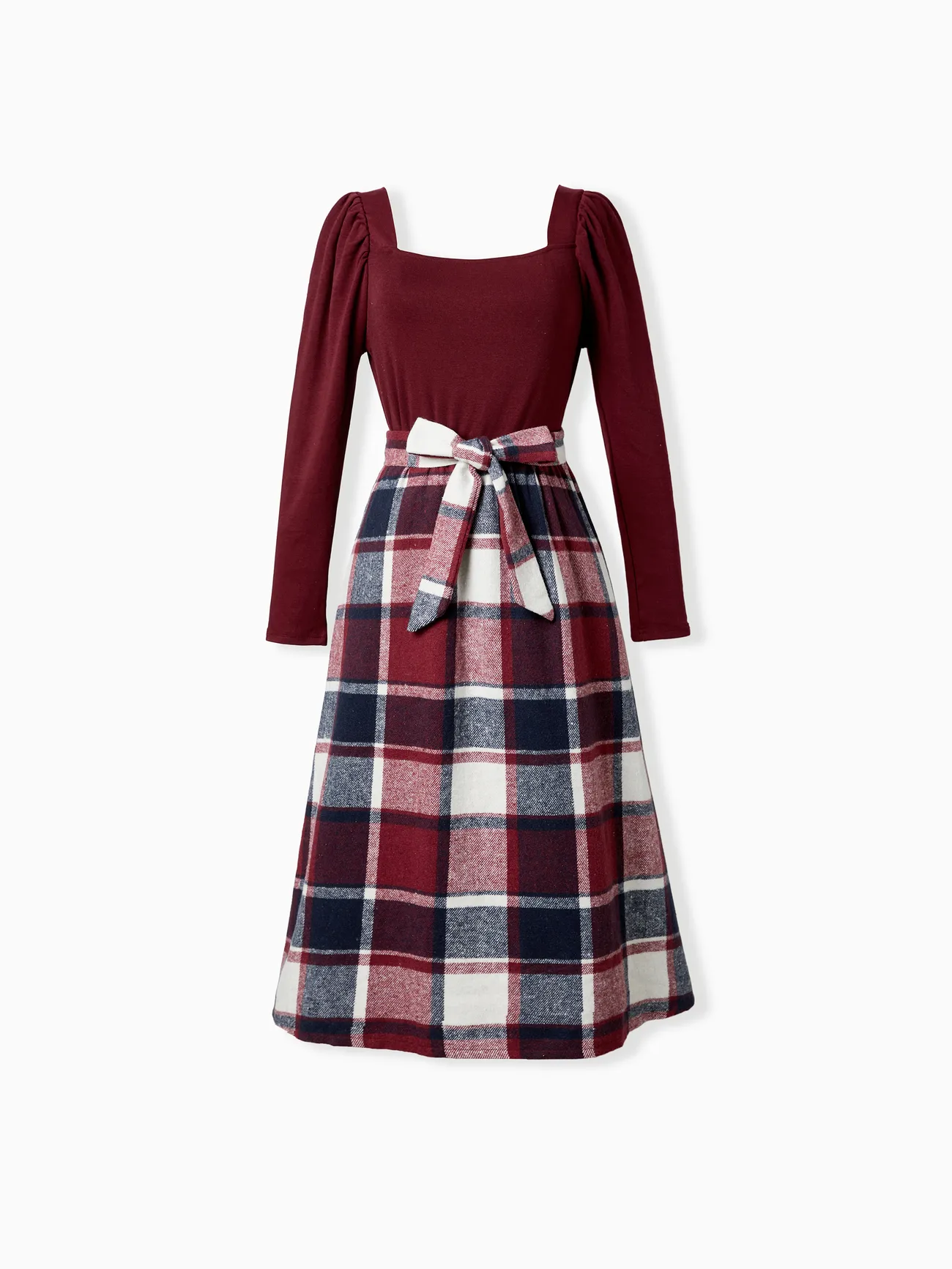 

Family Matching Casual Long Sleeve Plaid Design Shirts and Knit Splicing Belted Dresses Sets