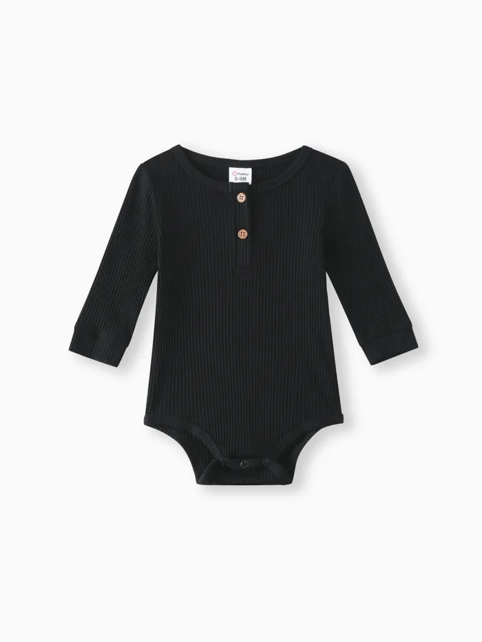 Baby Girl/Boy Cotton Button Design Solid Color Ribbed Long-sleeve Rompers