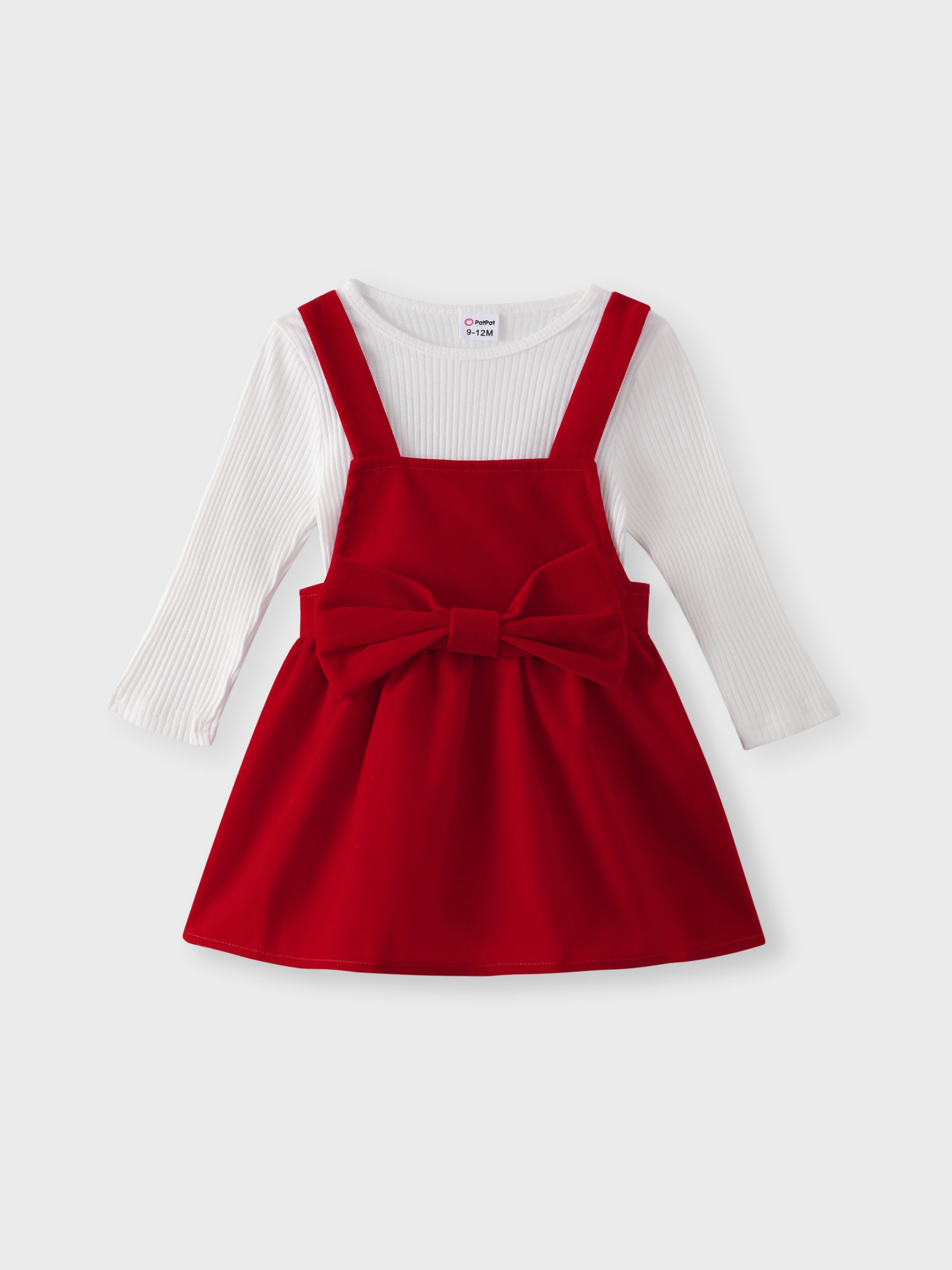 

2pcs Baby Girl 95% Cotton Ribbed Long-sleeve Romper and Red Bow Front Overall Dress Set