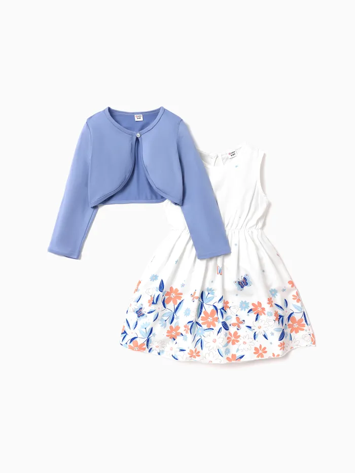 2pcs Kid Girl Solid Cardigan and Floral Print Tank Dress Set 