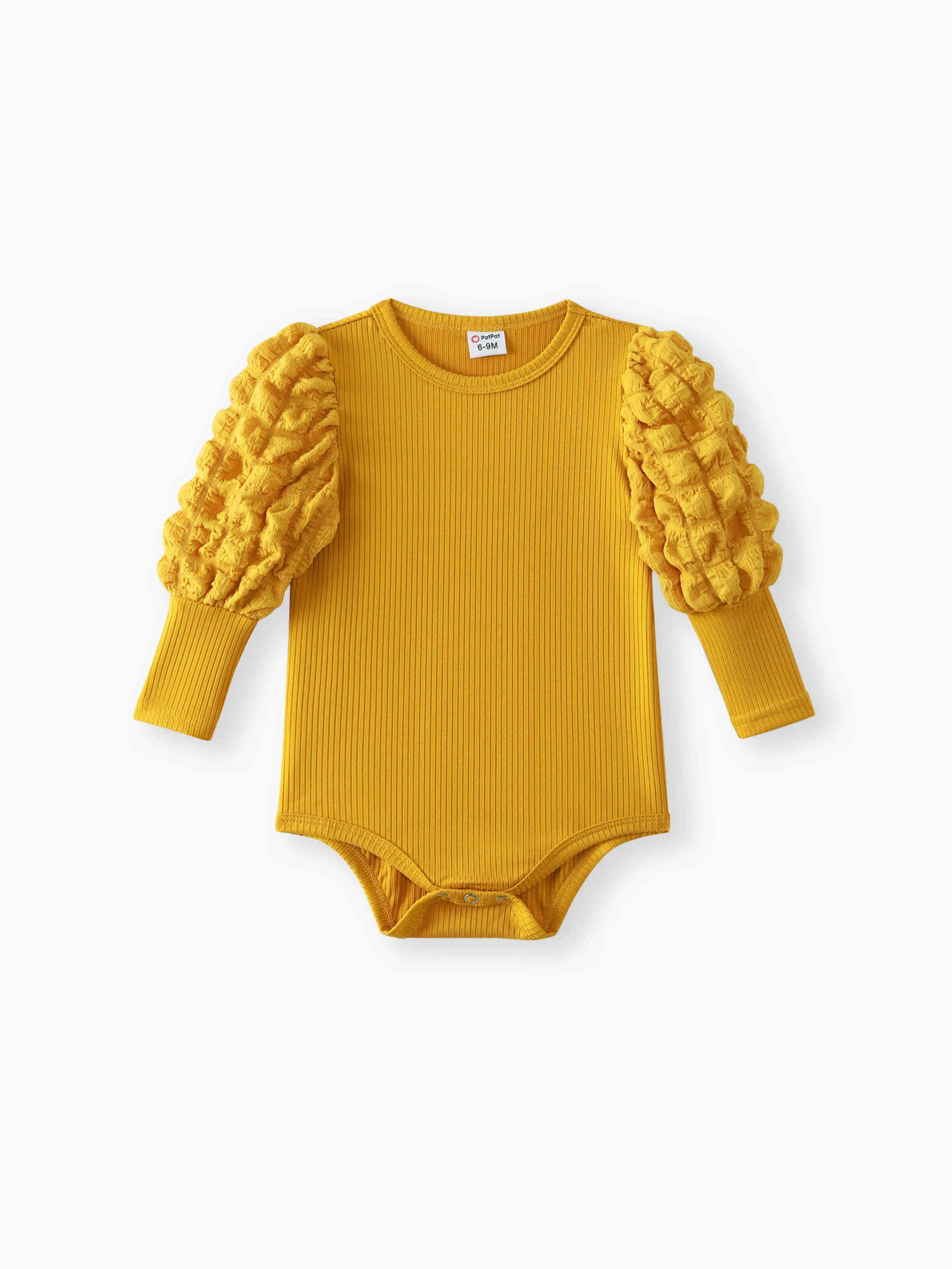 

Baby Girl Solid Ribbed Spliced Gigot Sleeve Romper