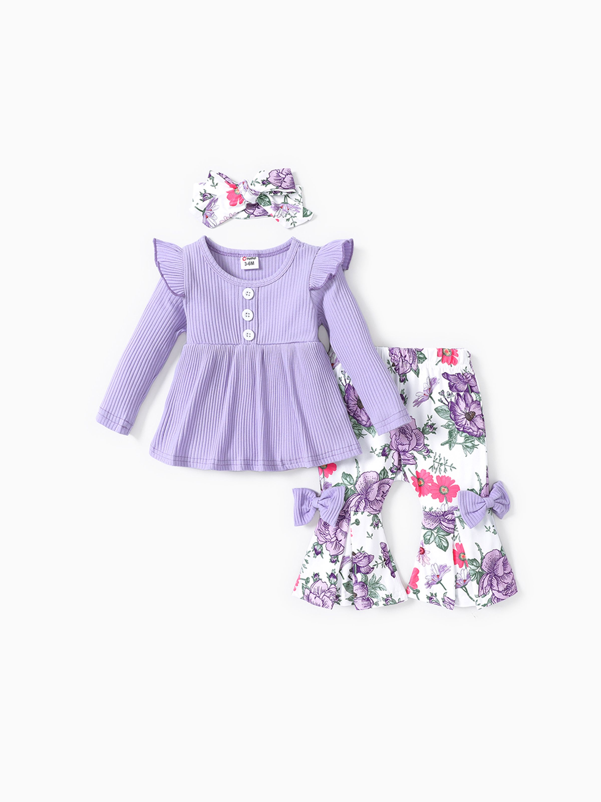 

2pcs Baby Girl 95% Cotton Ribbed Ruffle Buttons Front Long-sleeve Top and Allover Floral Print Bow Decor Flared Pants Set