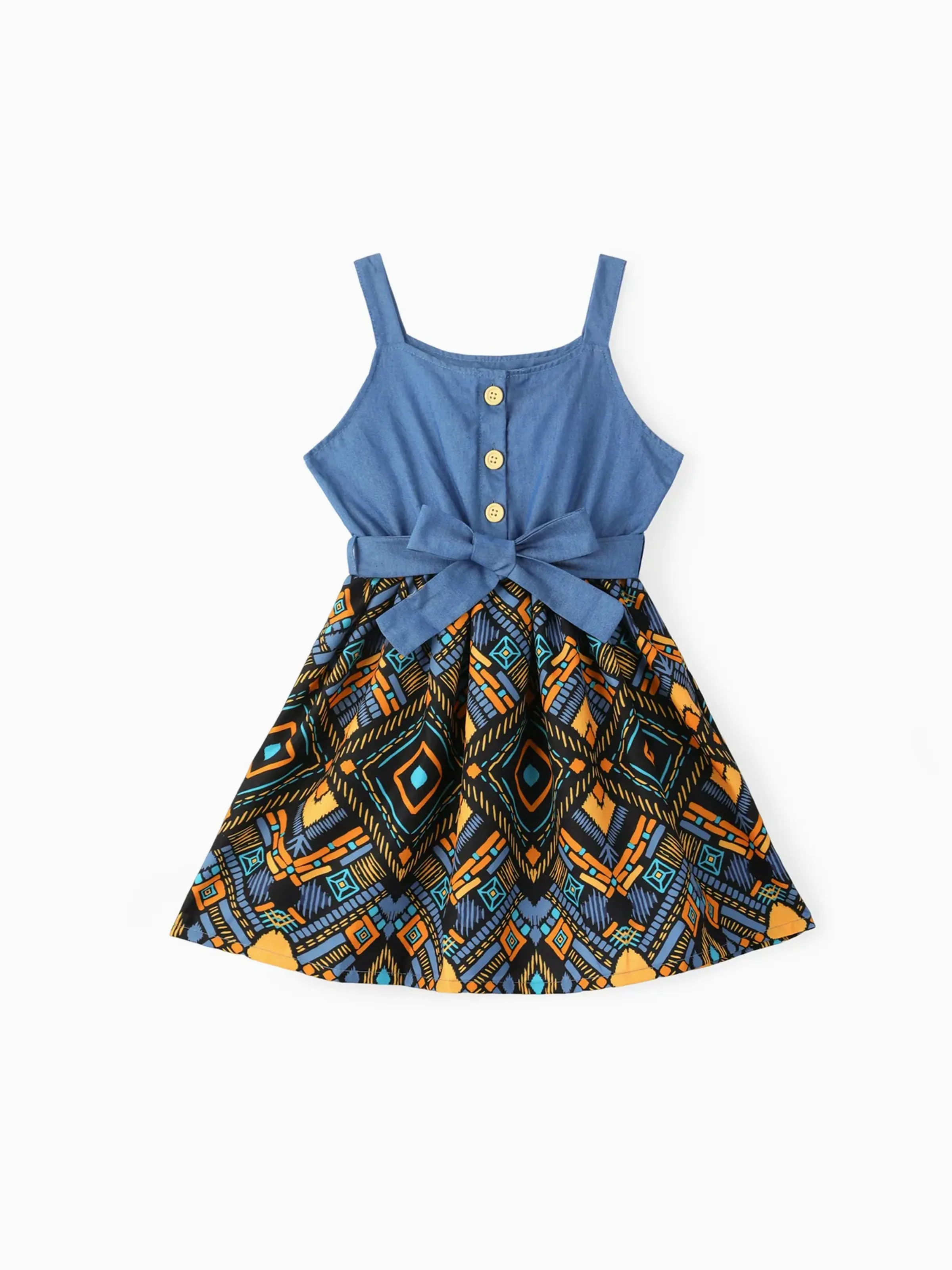 

Toddler Girl Boho Exotic Graphic Splice Belted Slip Dress