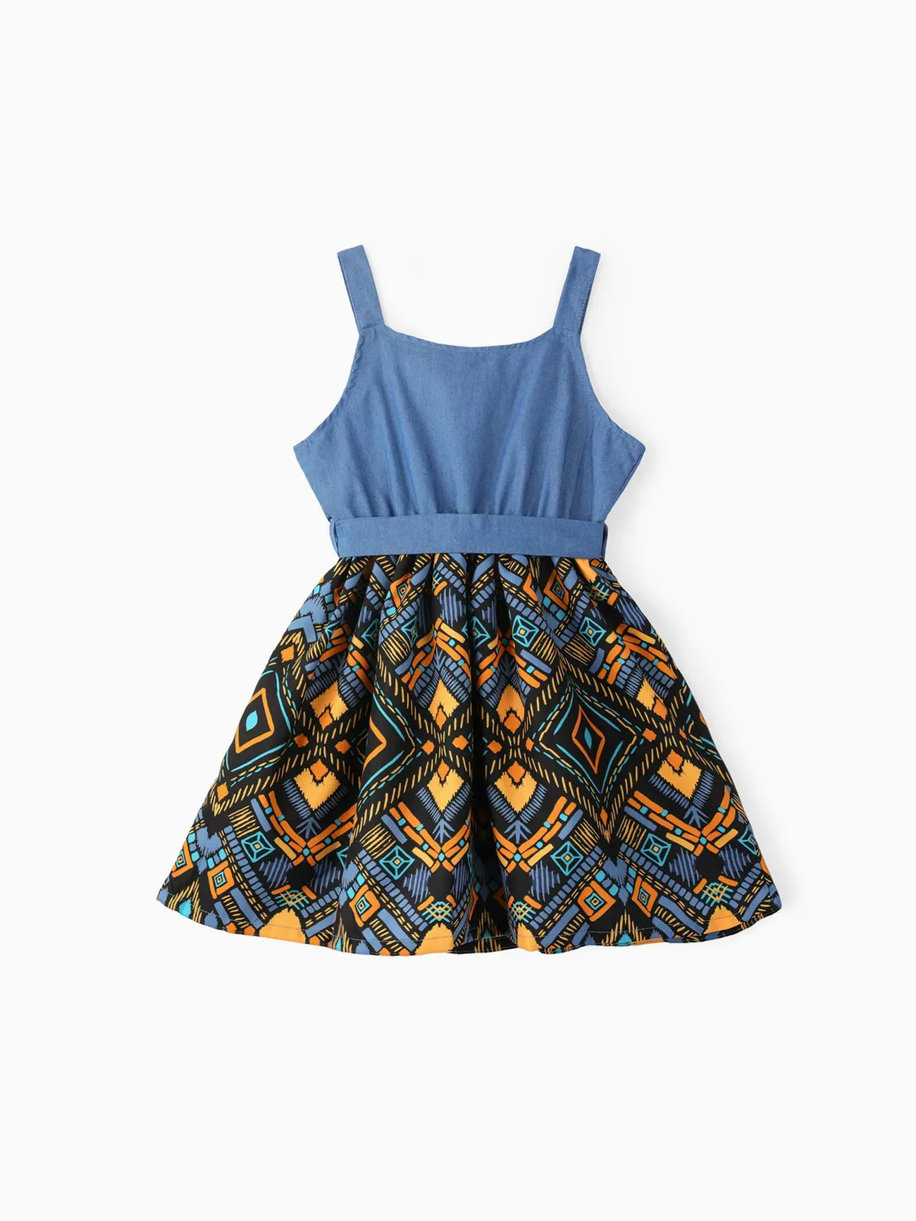 Light Blue - Toddler Girl Boho Exotic Graphic Splice Belted Slip Dress - image 2