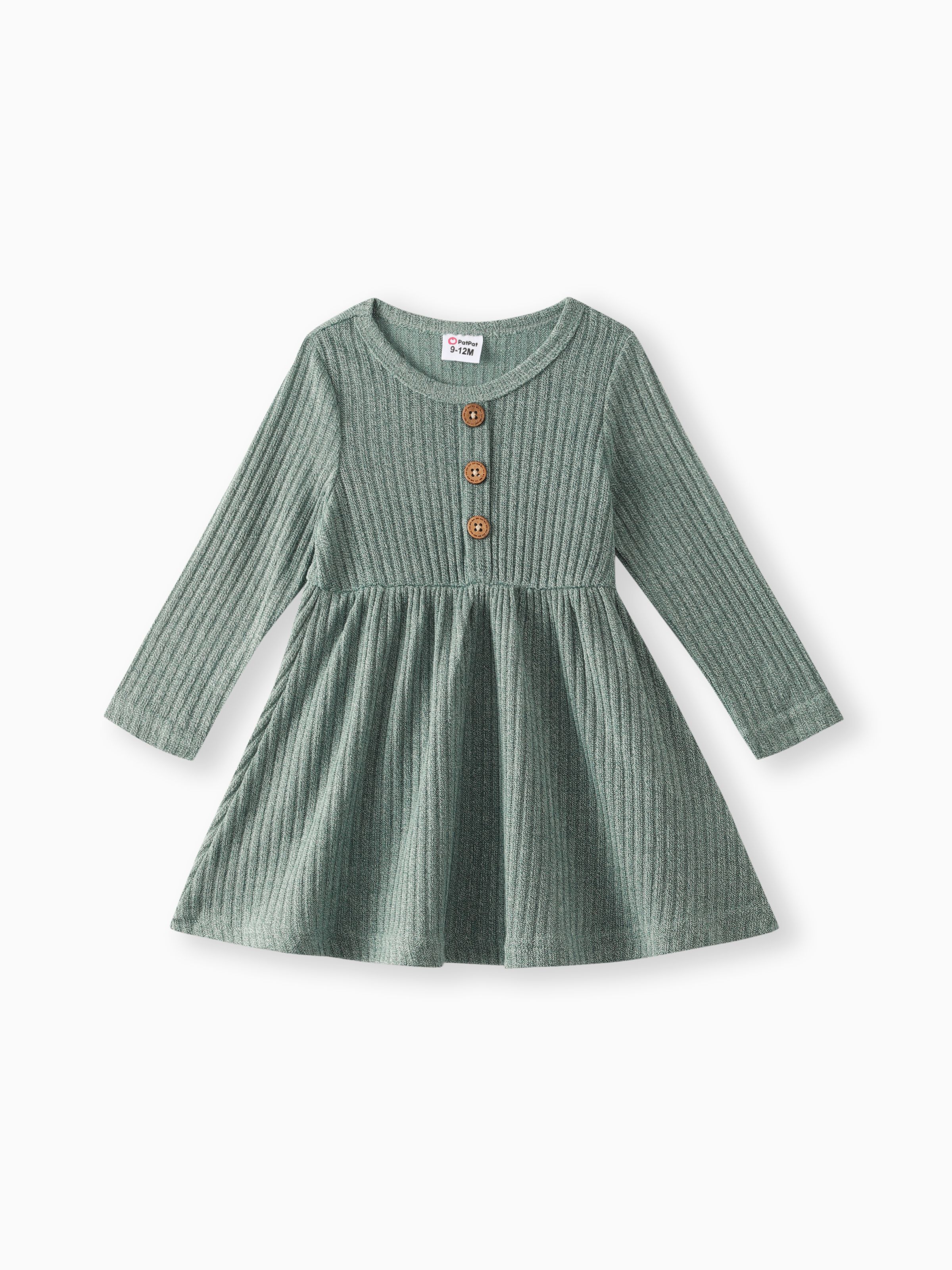 

Baby Girl Button Front Solid Rib Knit Long-sleeve Dress