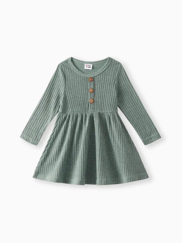 Baby Girl Button Front Solid Rib Knit Long-sleeve Dress