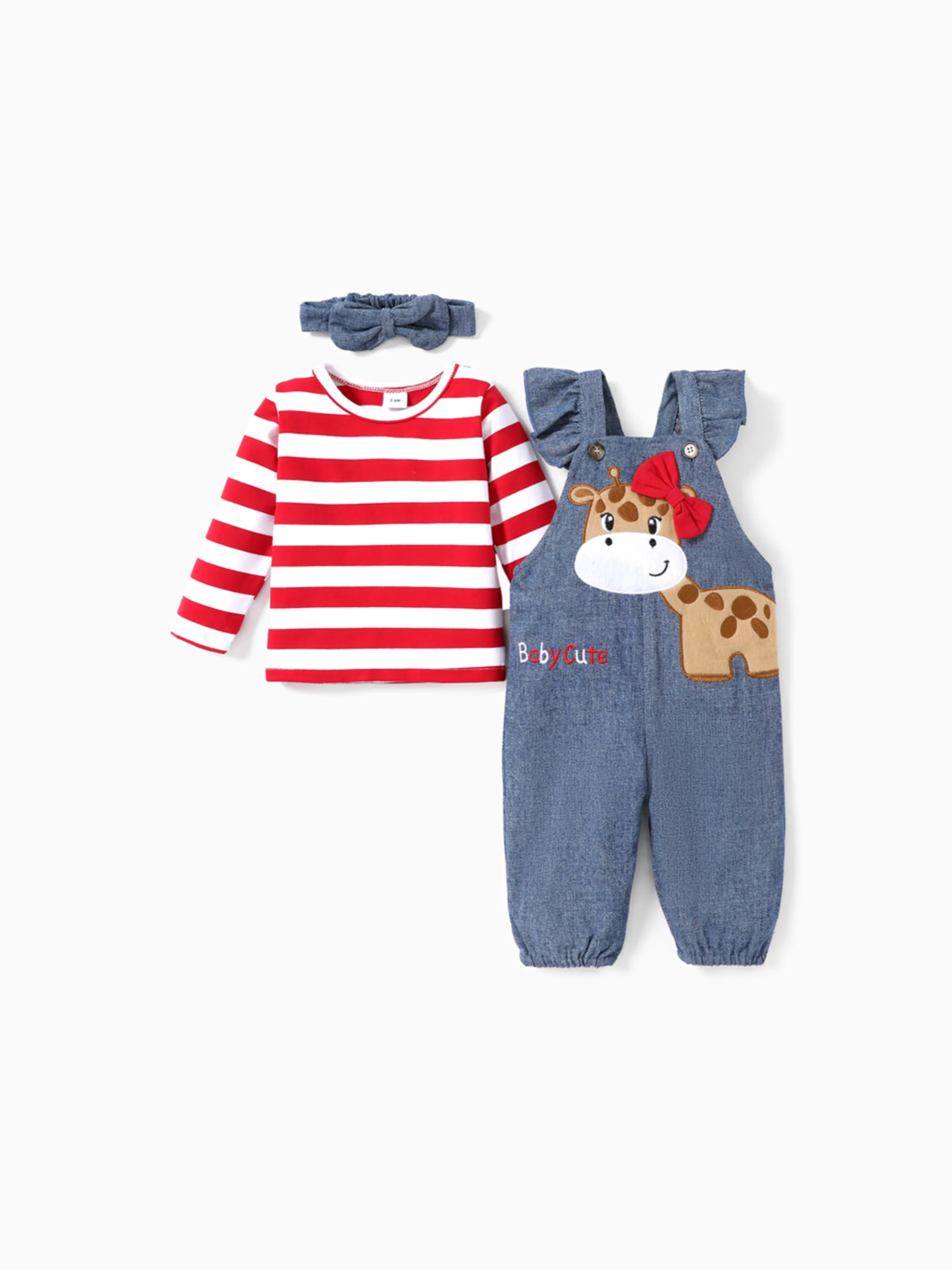 

3pcs Baby Girl 95% Cotton Stripe Long-sleeve Top and 97% Cotton Giraffe Embroidery Ruffle Overalls & Headband Set