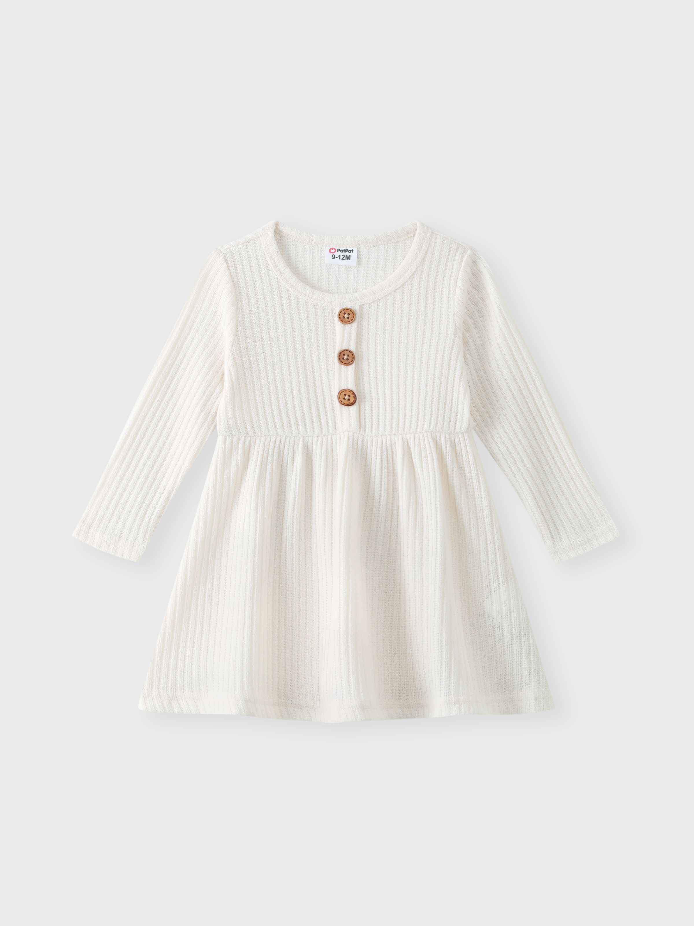 

Baby Girl Button Front Solid Rib Knit Long-sleeve Dress