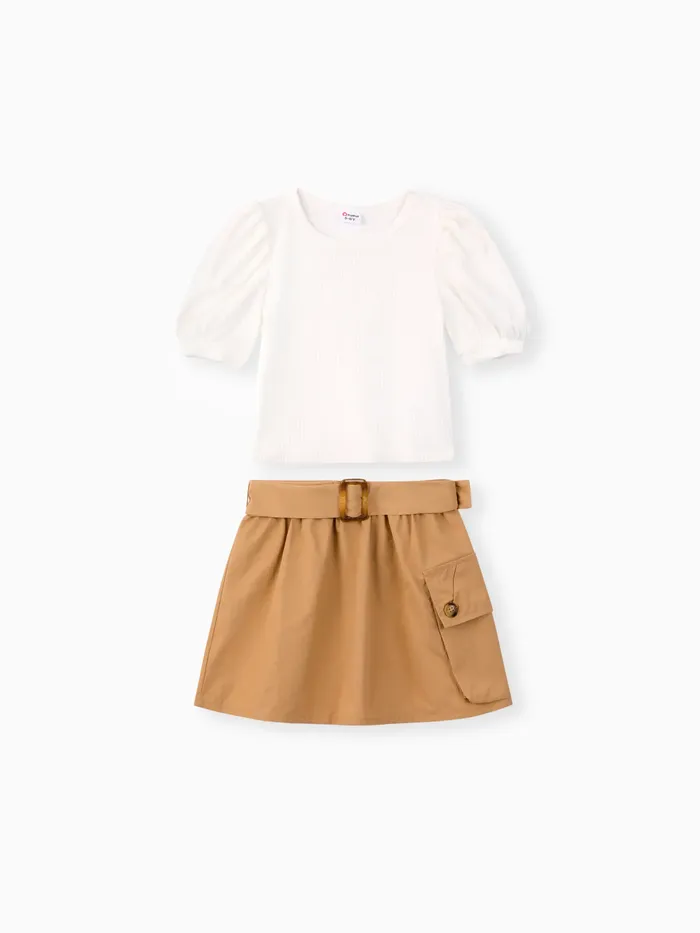 Kid Girl 2pcs Puff-sleeve Tee and Cargo Skirt Set