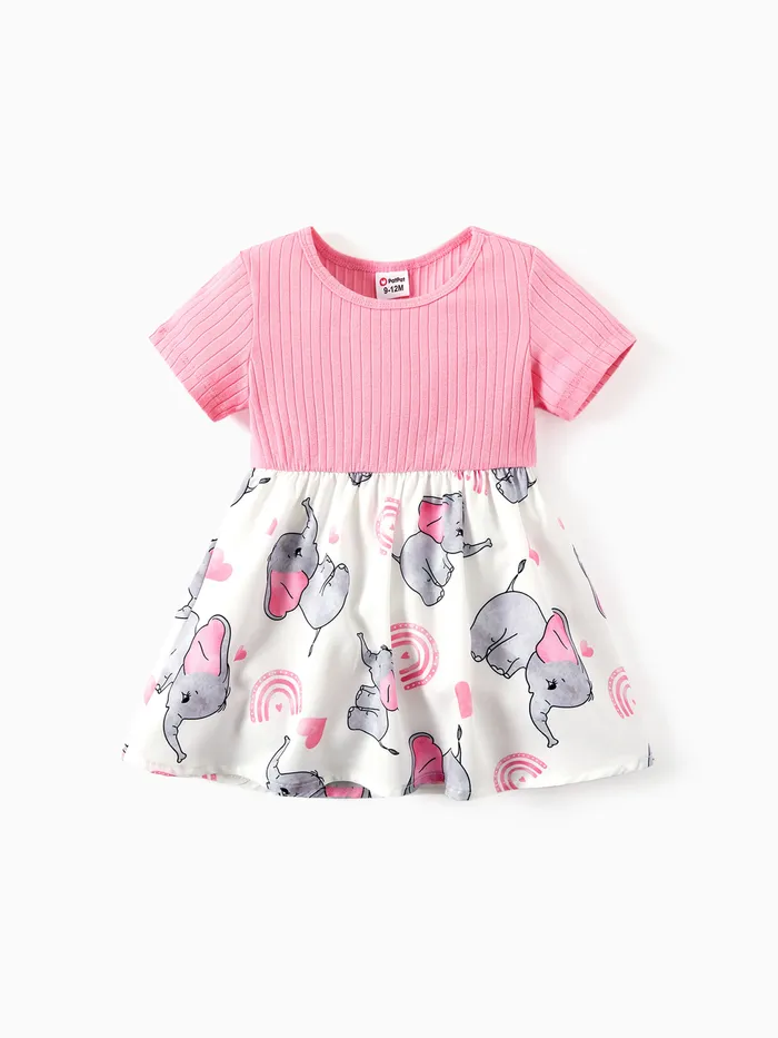 Baby/Toddler Girl Elephant Print Ribbed Splice Short-sleeve Dress