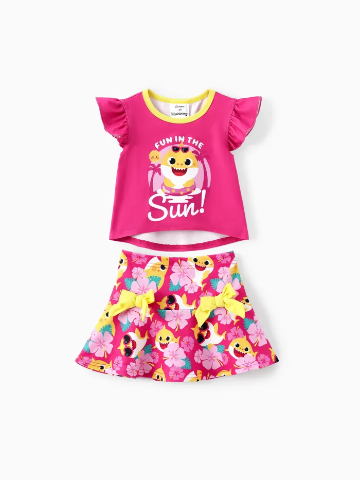 Baby Shark Toddler Girls 2pcs Floral Print Flutter-sleeve Top with Bowknot Skirt Set